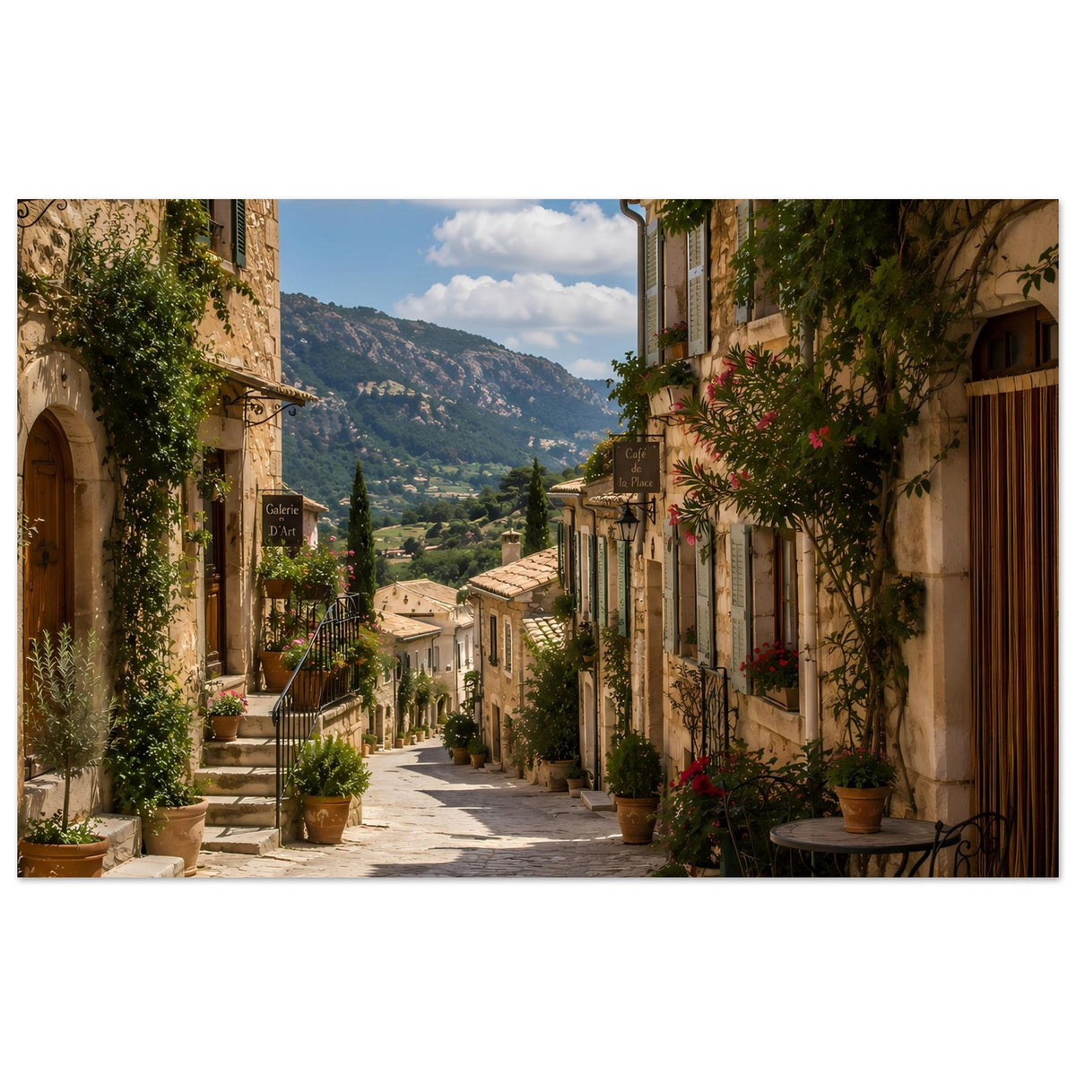 Poster mit mediterraner Gasse und Bergblick, Hausfassaden mit Pflanzen in Reihe