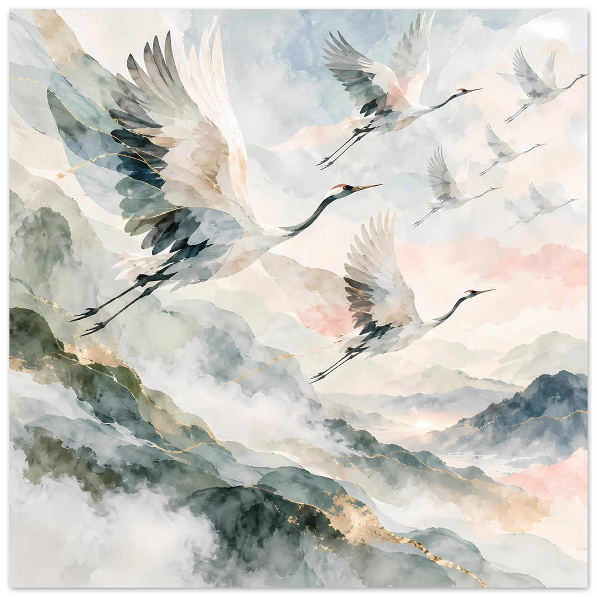 Vertikales Poster mit fliegenden Kranichen über einer Landschaft, Aquarellfarben mit Goldakzenten