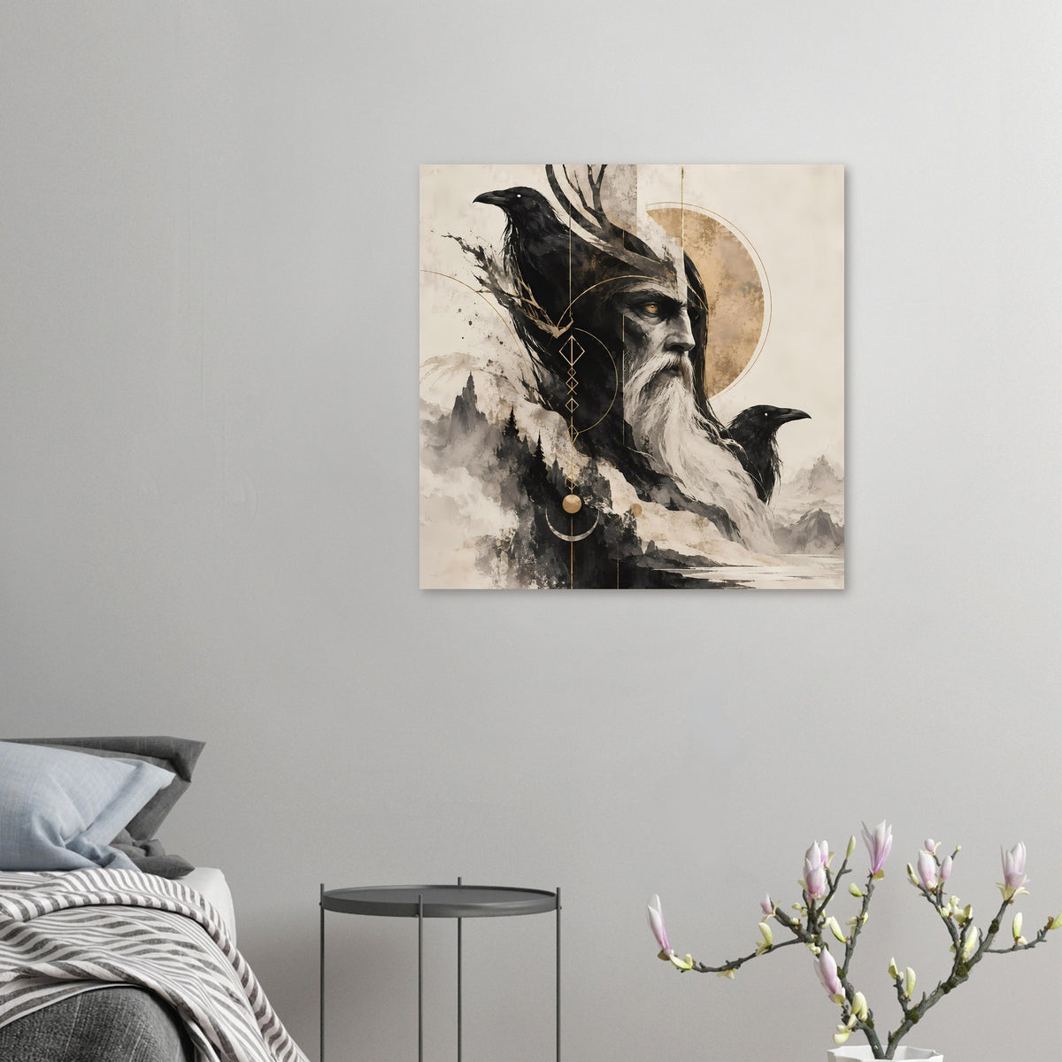 Kunstposter im Querformat: Mann mit Bart, schwarzer Rabe und goldener Mondschein