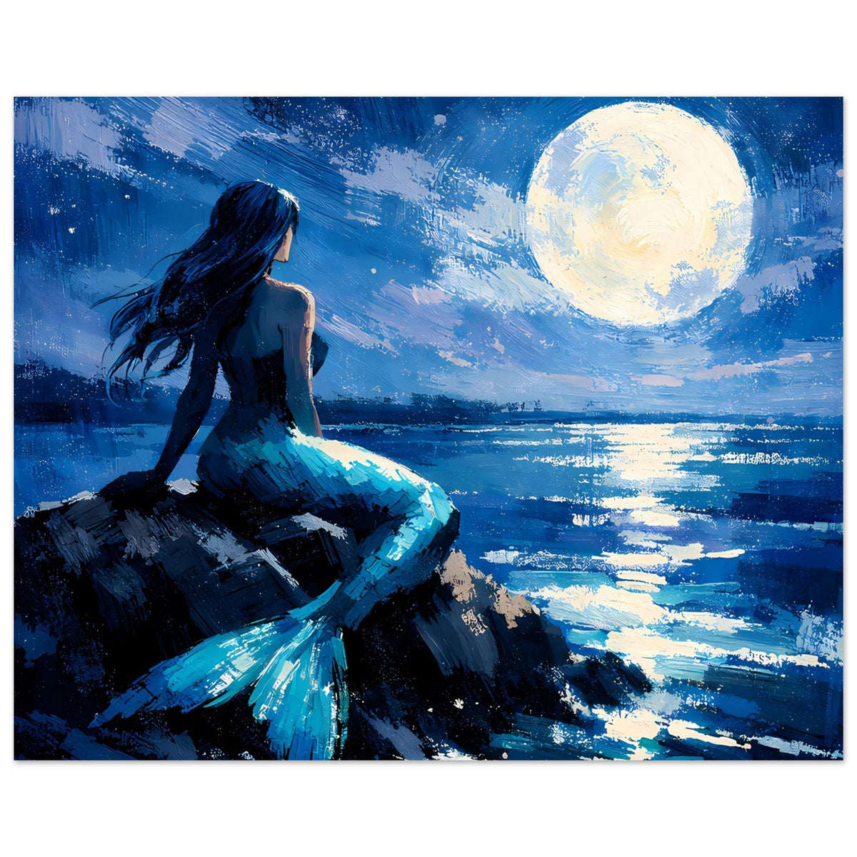 Premium-Matte Poster mit Meerjungfrau am Ufer, dunkles blaues Motiv und helle Mondscheibe