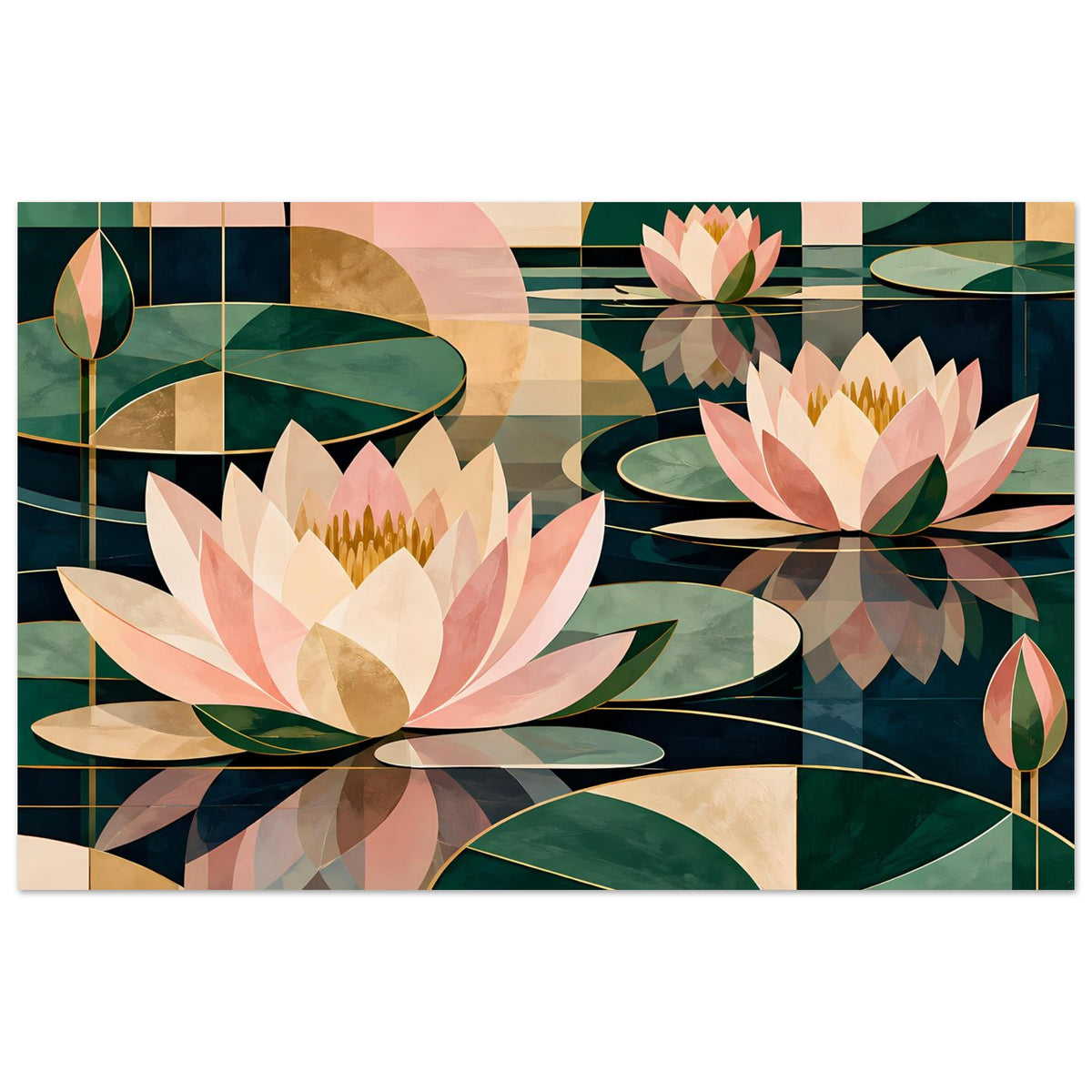 Lotus-Grafik-Poster in Grün-, Rosa- und Cremetönen, horizontal