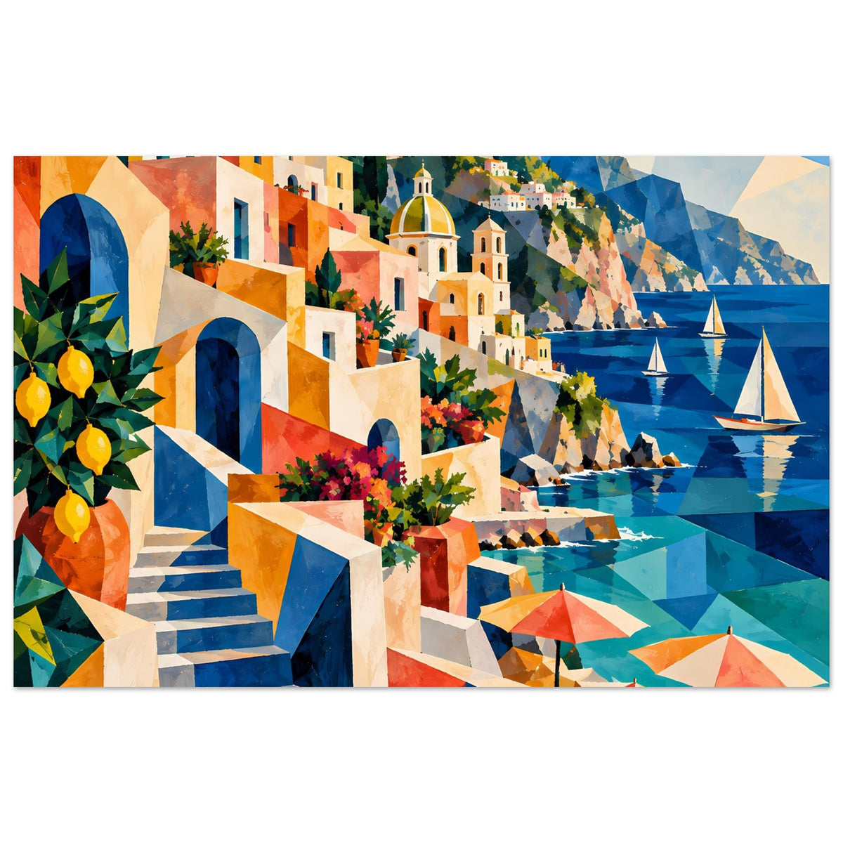 Mediterranes Küstenmotiv-Poster mit bunten Häusern, Meer und Segelbooten