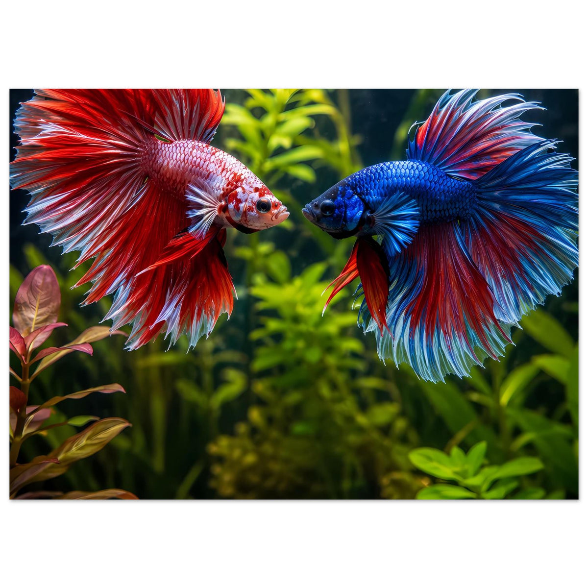 Kunstposter mit zwei Kampffischen, roter und blauer Farbverlauf, seitlich gegenüber.