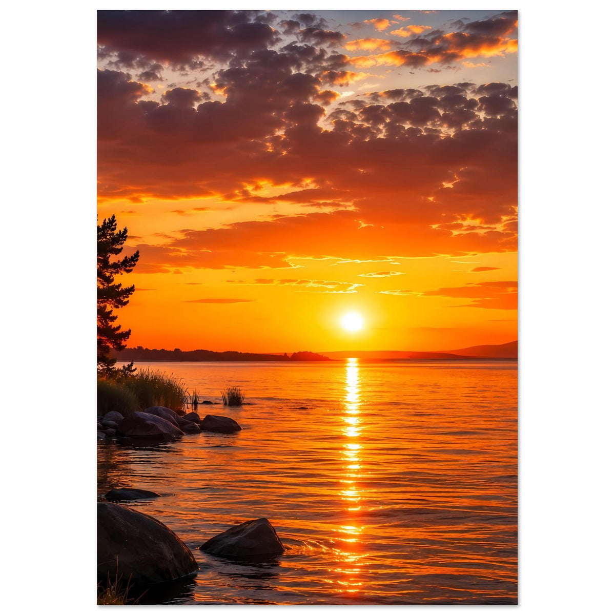Wandposter, vertikal: Sonnenuntergang am See mit Lichtbahn der Sonne und Felsen im Vordergrund