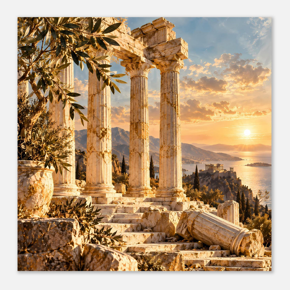 Poster mit Säulenruinen, goldenen Blättern und Sonnenuntergang mit Meerblick