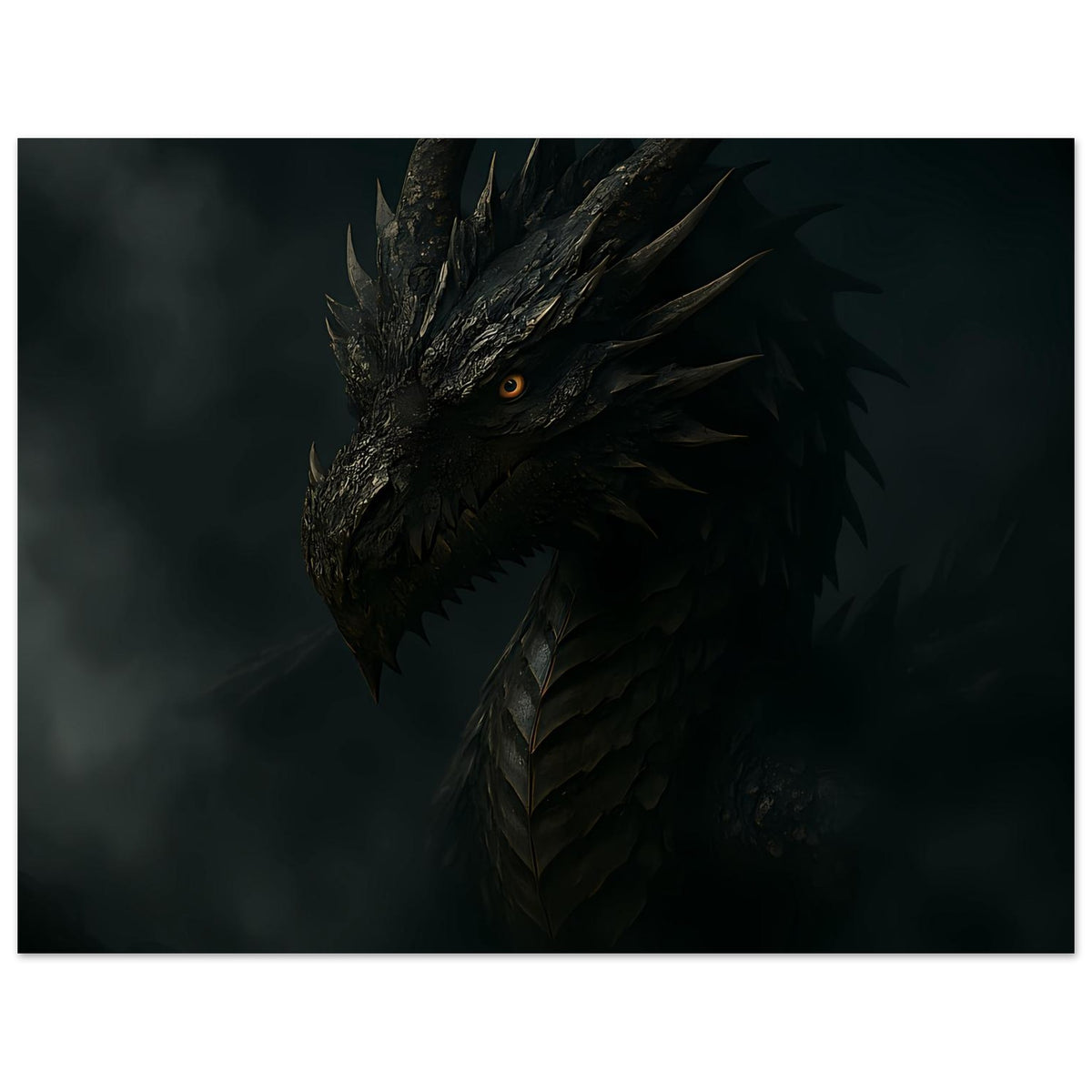 Fantasy-Poster im Querformat: schwarzer Drachenkopf mit orangefarbenem Auge