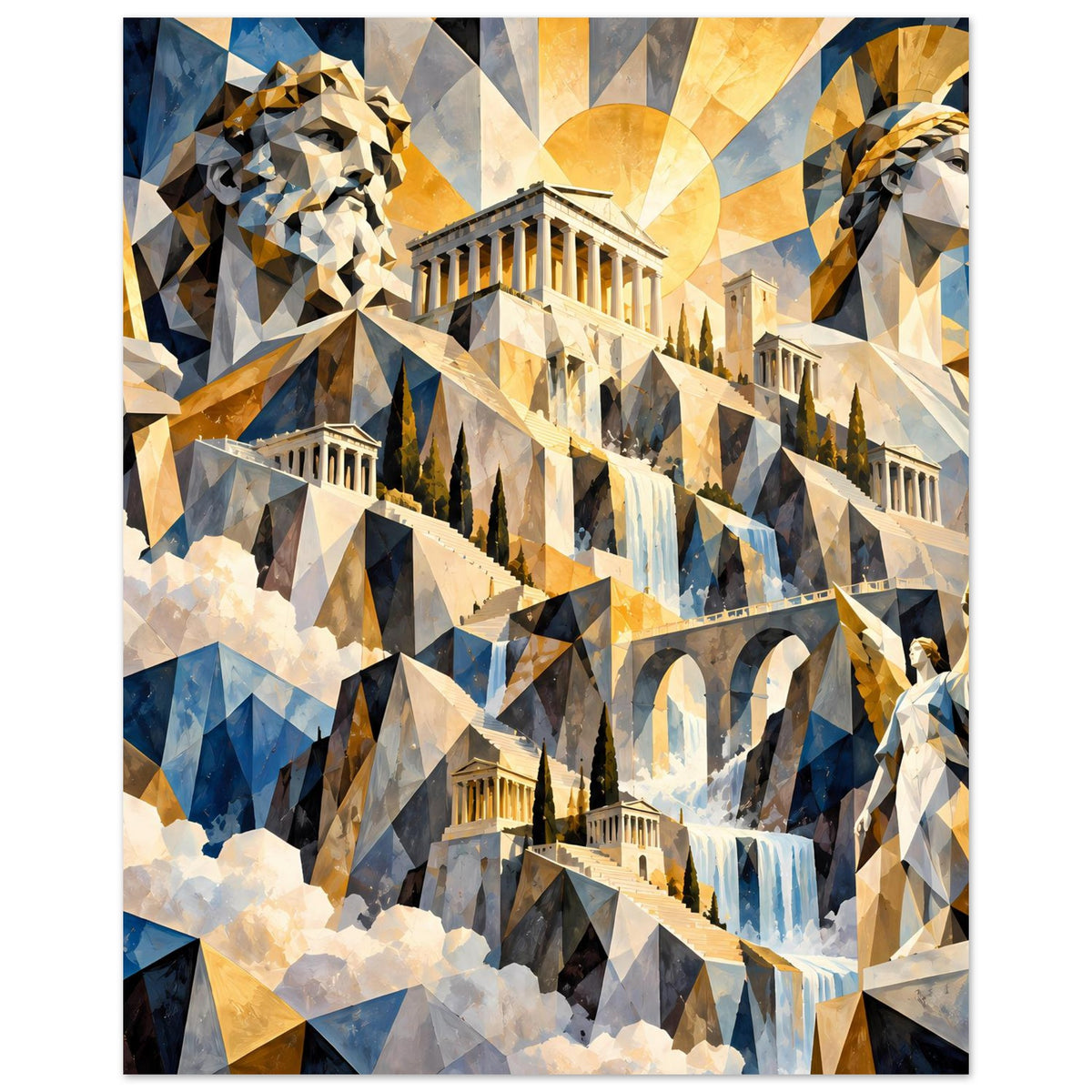 Poster: Parthenon mit Säulenbögen, Statuenbüsten und Sonnenstrahlen in Blau/Gold/Weiß