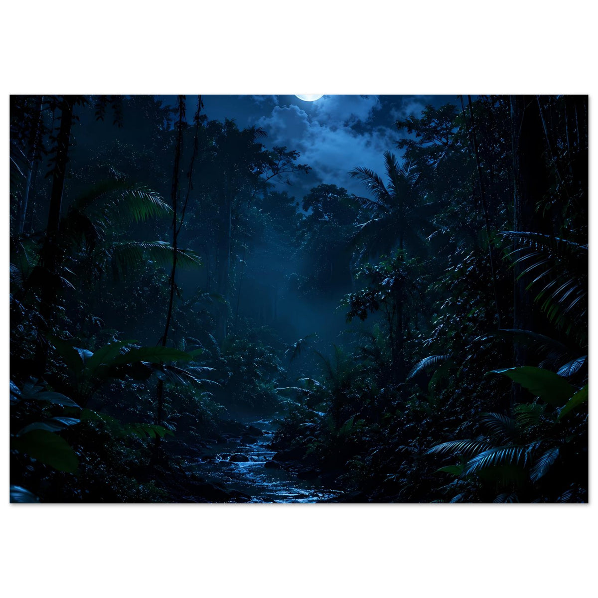 Gerahmtes Poster mit Mondschein im blauen Tropenwald und Flusslauf in der Nacht