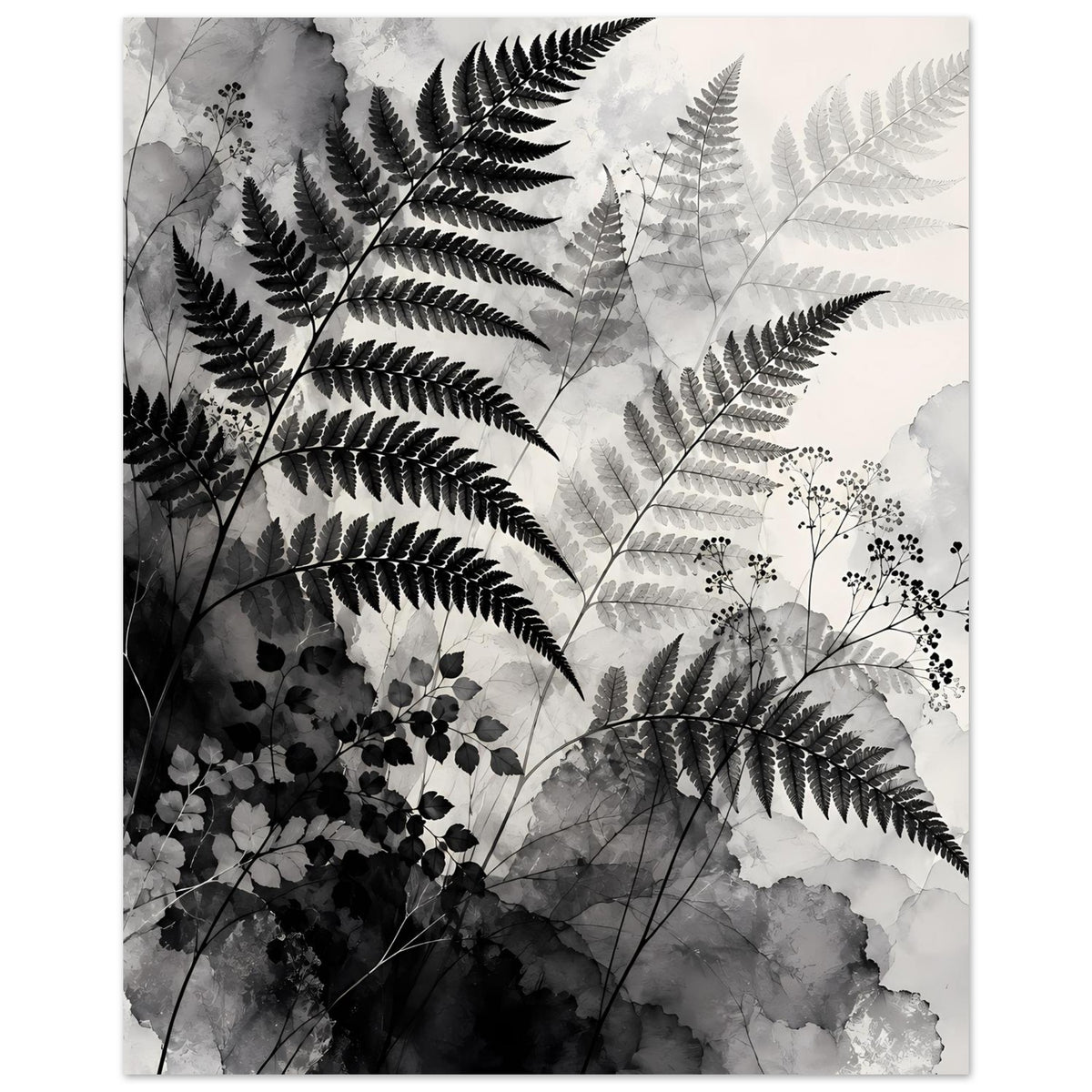 Botanisches Kunstposter mit Farnblättern und Blütenzweigen in Schwarzweiß, im Hochformat