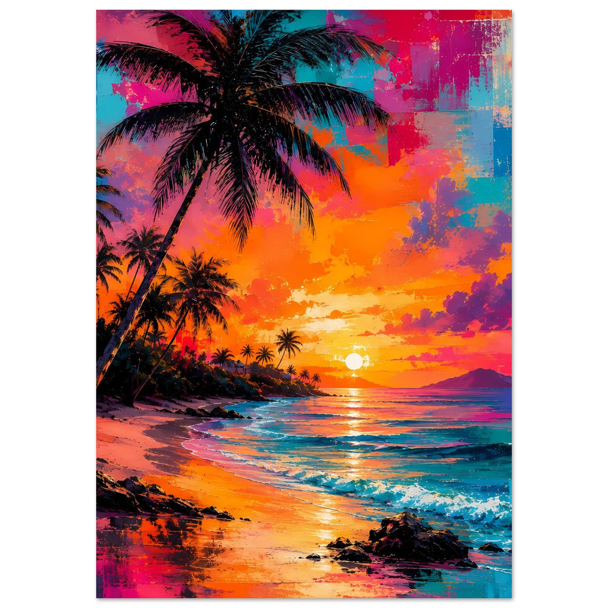 Abstraktes Poster mit Palmenmeer, tropischem Strandmotiv und leuchtenden Orange- und Blautönen