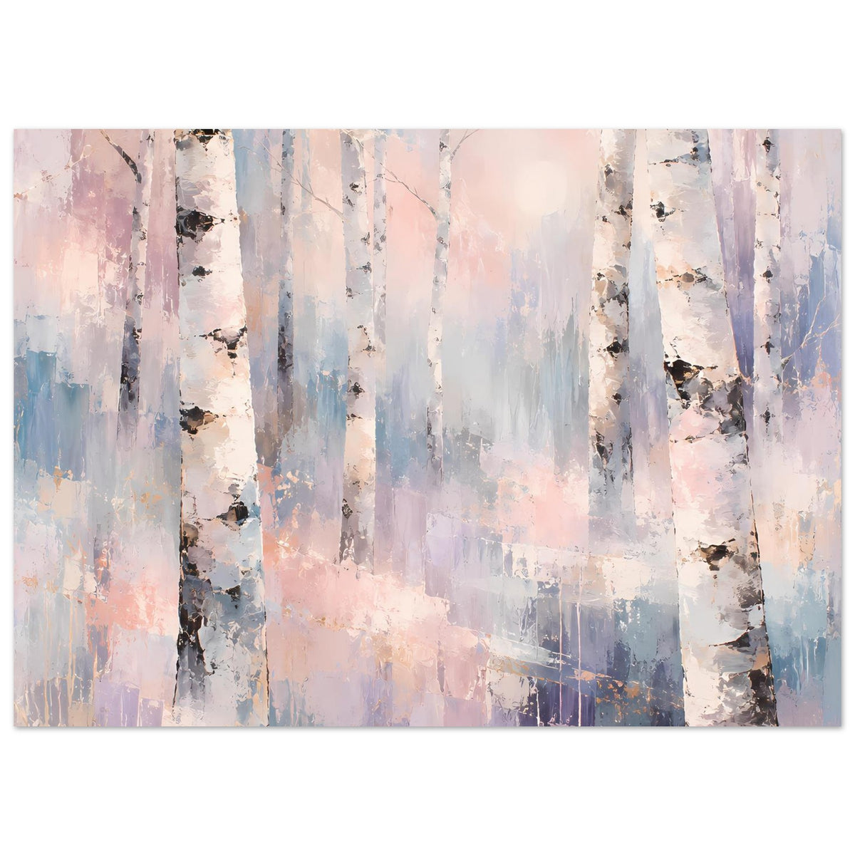 Naturposter Birkenwald in Pastellfarben, Querformat, zarte Blau-, Rosa- und Violetttöne
