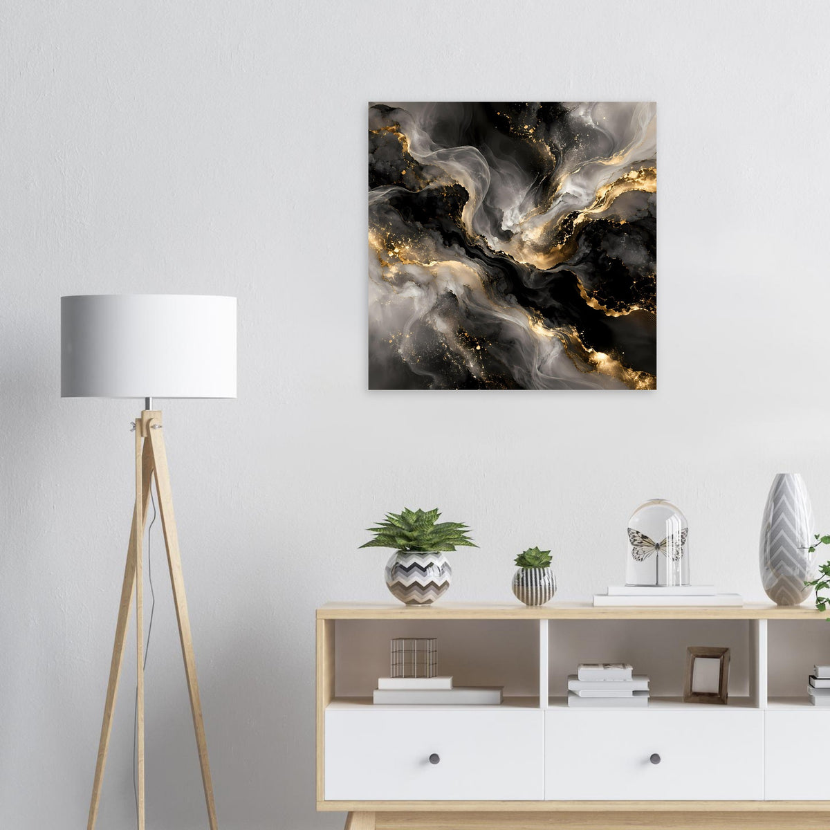 Abstraktes Kunstposter mit schwarzem, grauem Goldwirbel-Design