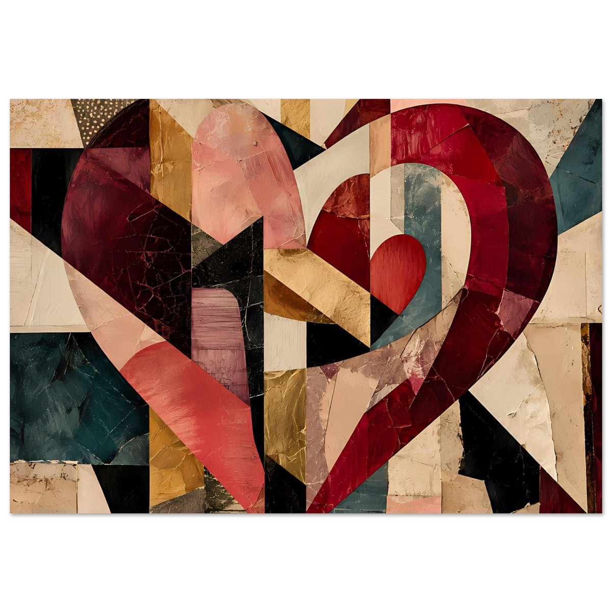 Abstraktes Herz-Cubist-Poster, klar erkennbares Herzmotiv in erdigen Rot- und Beigetönen