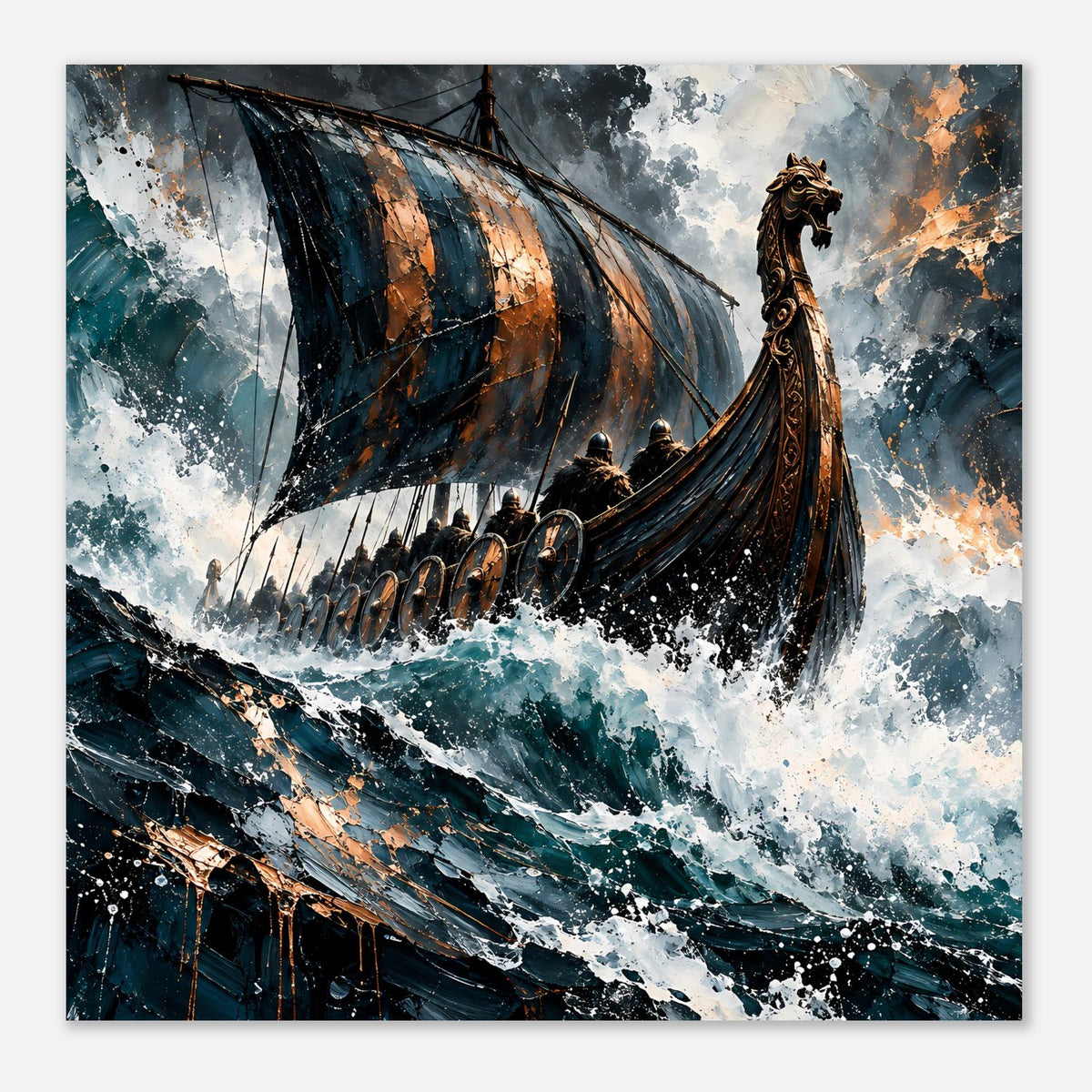 Querformat-Poster mit Wikinger-Langschiff, großer Bugkopf, stürmische See und Gischt