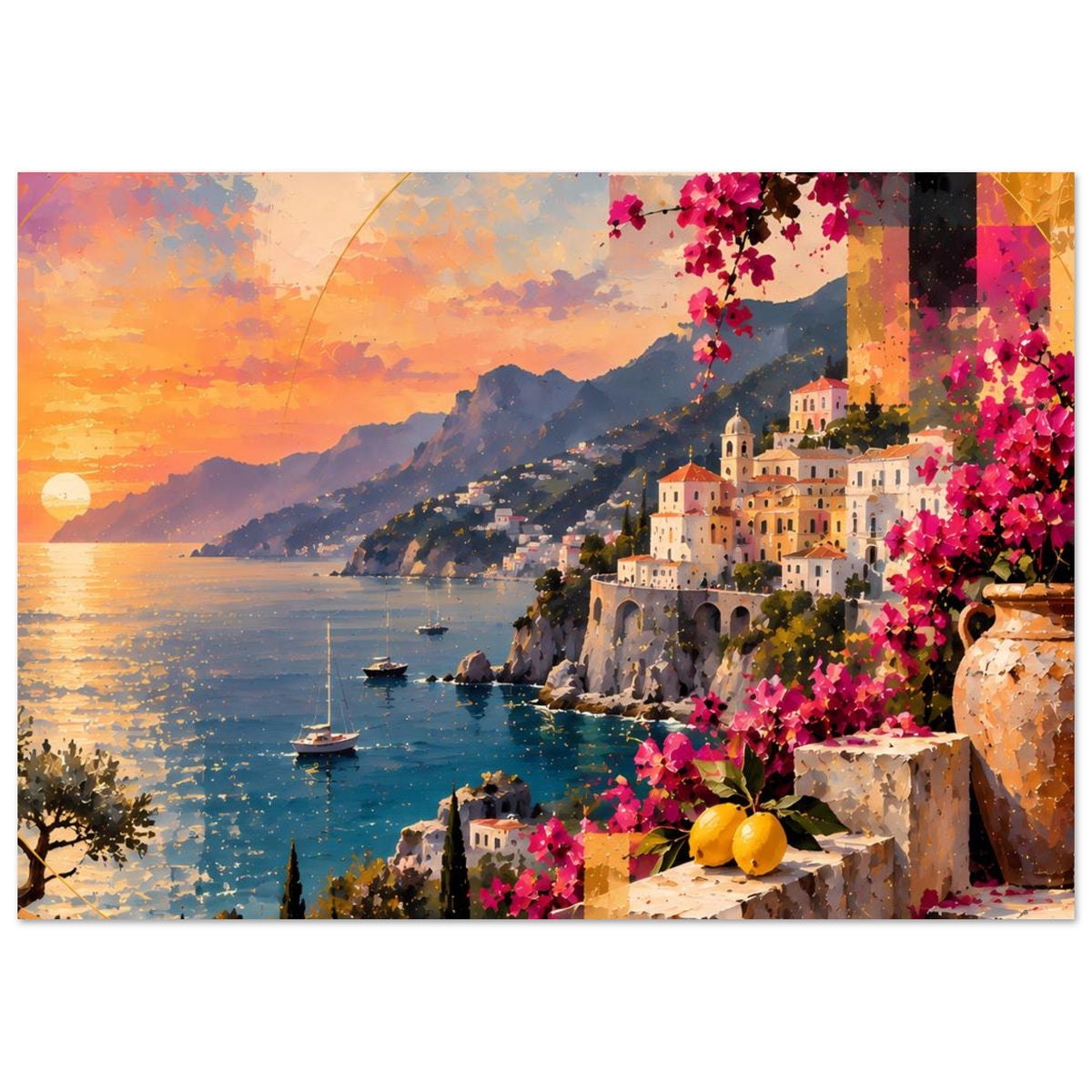 Poster im Querformat: bunte Küstenstadt mit Bougainvillea-Blüten, Boote auf dem Meer und Berge