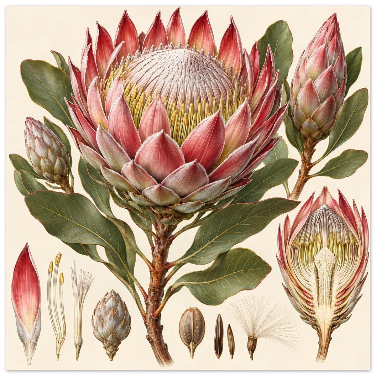 Botanisches Protea-Blumenposter auf matter Papierfläche, Protea-Blüte mit Detailknospen