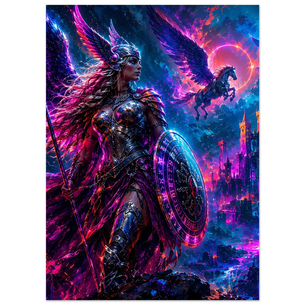 Fantasy-Poster: Walküre in Rüstung mit Speer und Schild, dynamische Farbexplosion im Hintergrund