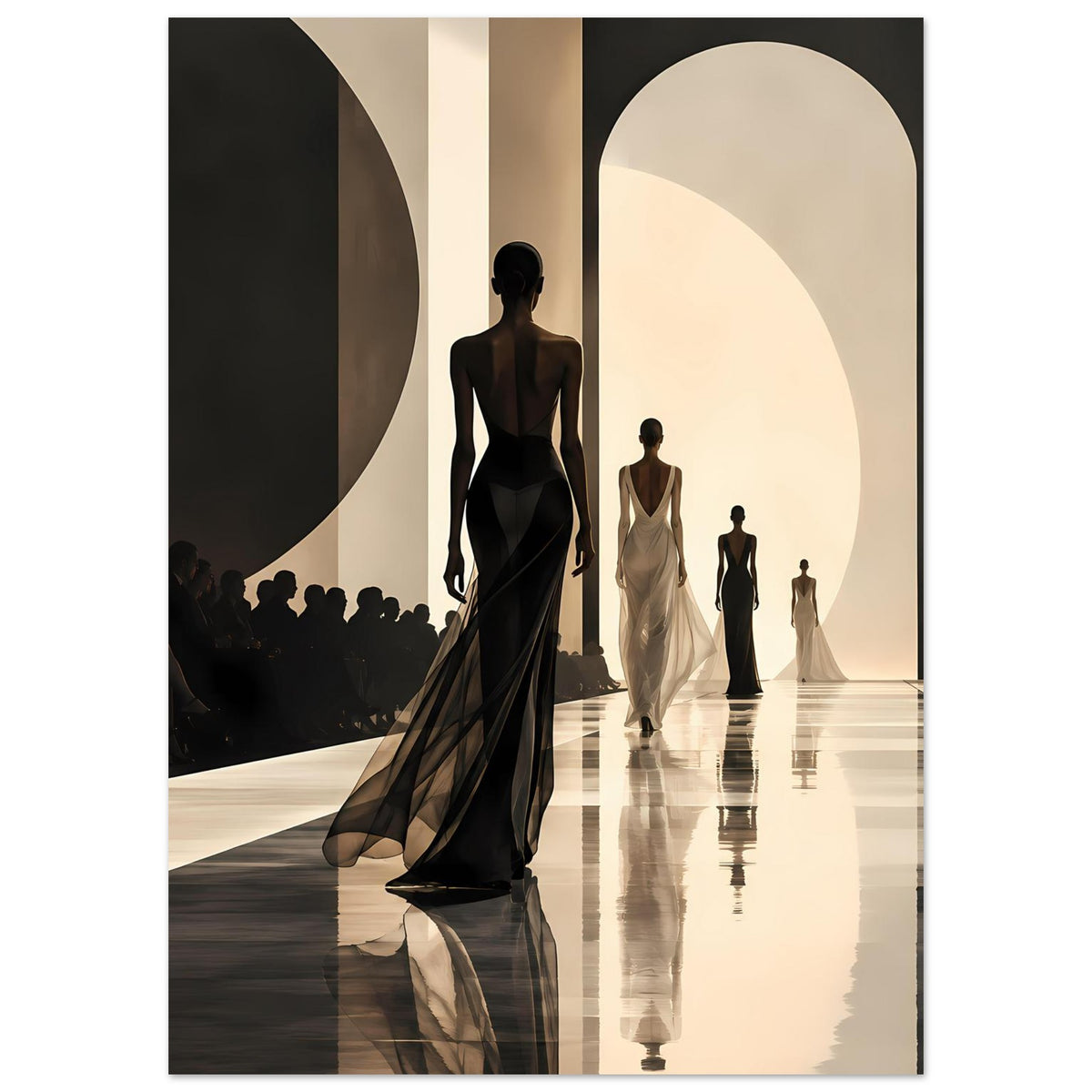 Poster im Hochformat: Schlichte Laufstegszene mit schwarzen Silhouetten und beigen Outfits