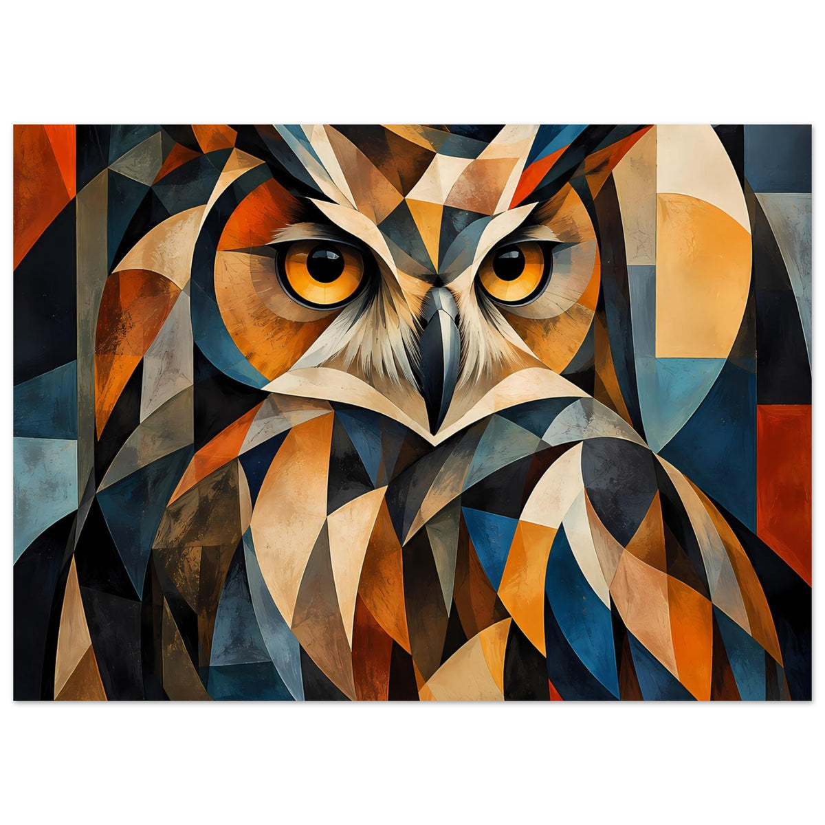 Geometrisches Eulen-Wandposter im Querformat, farbige Kanten, orange Augen, weiß-graue Federn
