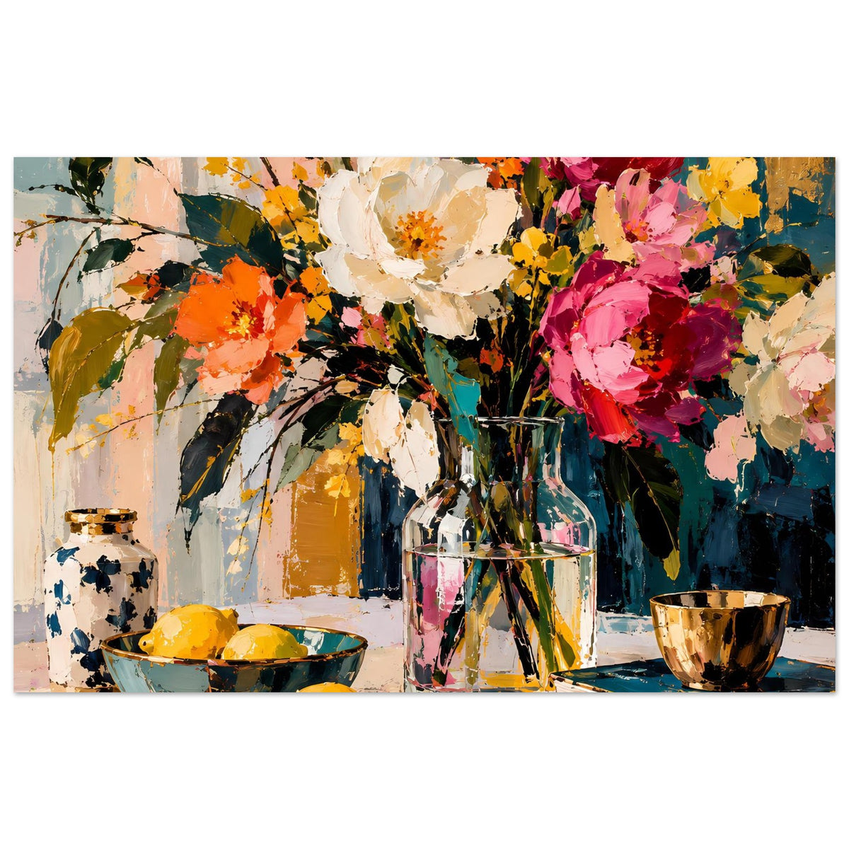 Blumen-Stillleben-Poster (sehr breit) mit buntem Bouquet, Glasvase, Schale und Krug