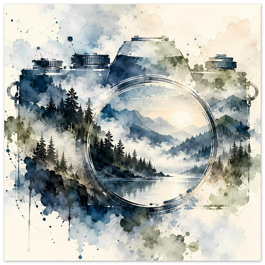 Aquarellposter mit Vintage-Kamera-Motiv: Bergwald, See im Kreisfenster und Farbkleckse