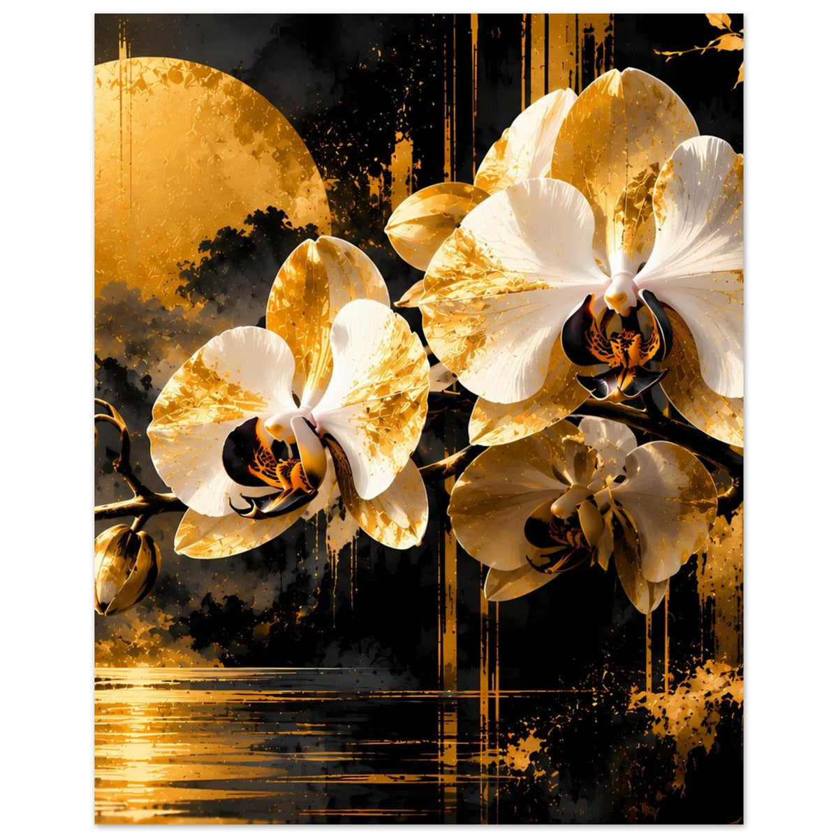Orchideen-Blumenposter mit weißen Blüten und goldfarbenen Akzenten vor dunklem Hintergrund