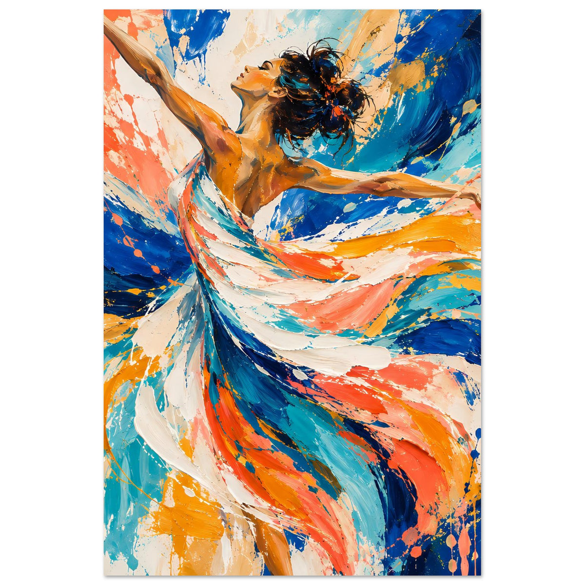 Kunstposter im Hochformat: abstrakte Tänzerin mit Pinselwirbeln in Blau, Orange und Weiß.