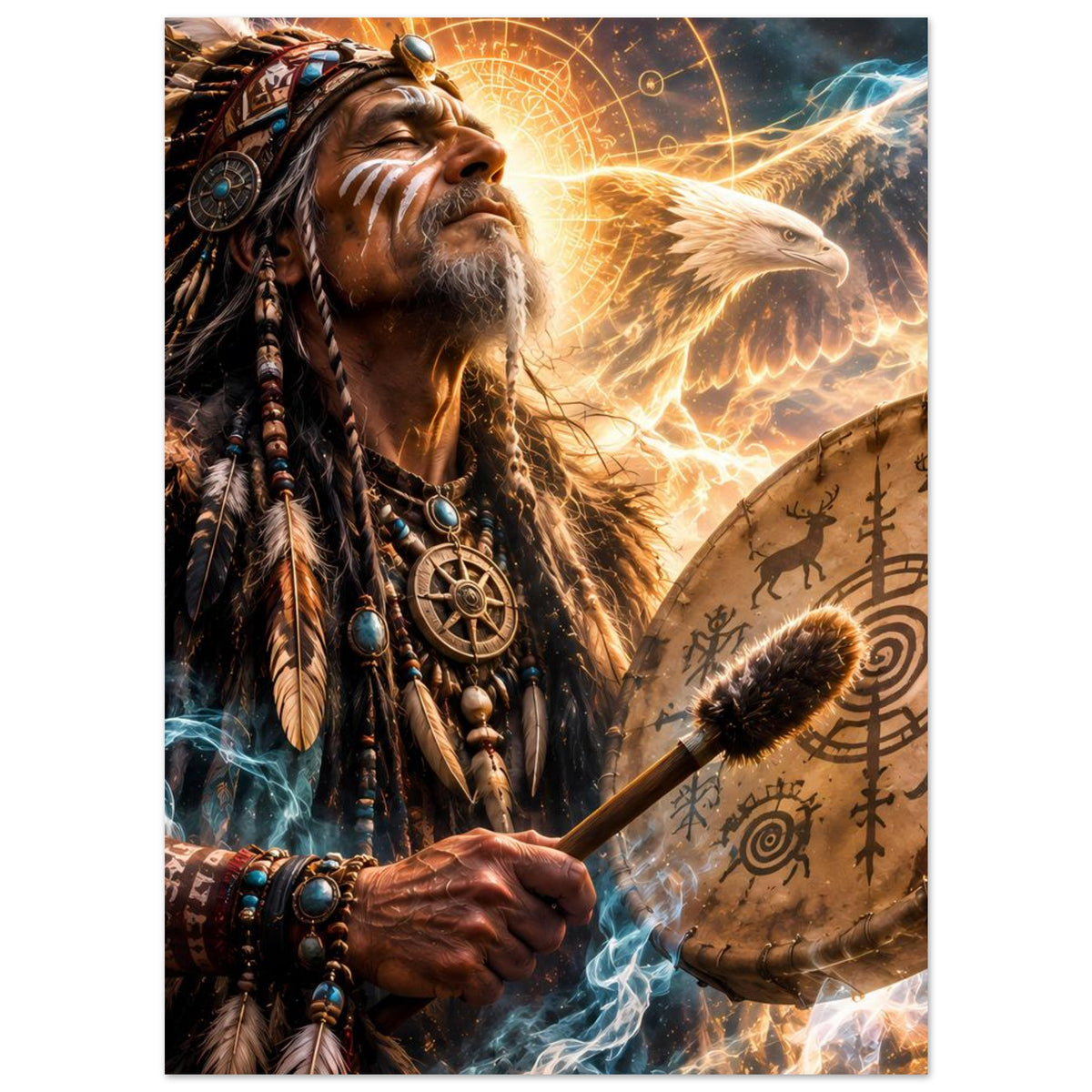 Fantasy-Poster im Hochformat: Schamane mit Trommel, leuchtender Kreisenergie und Adler