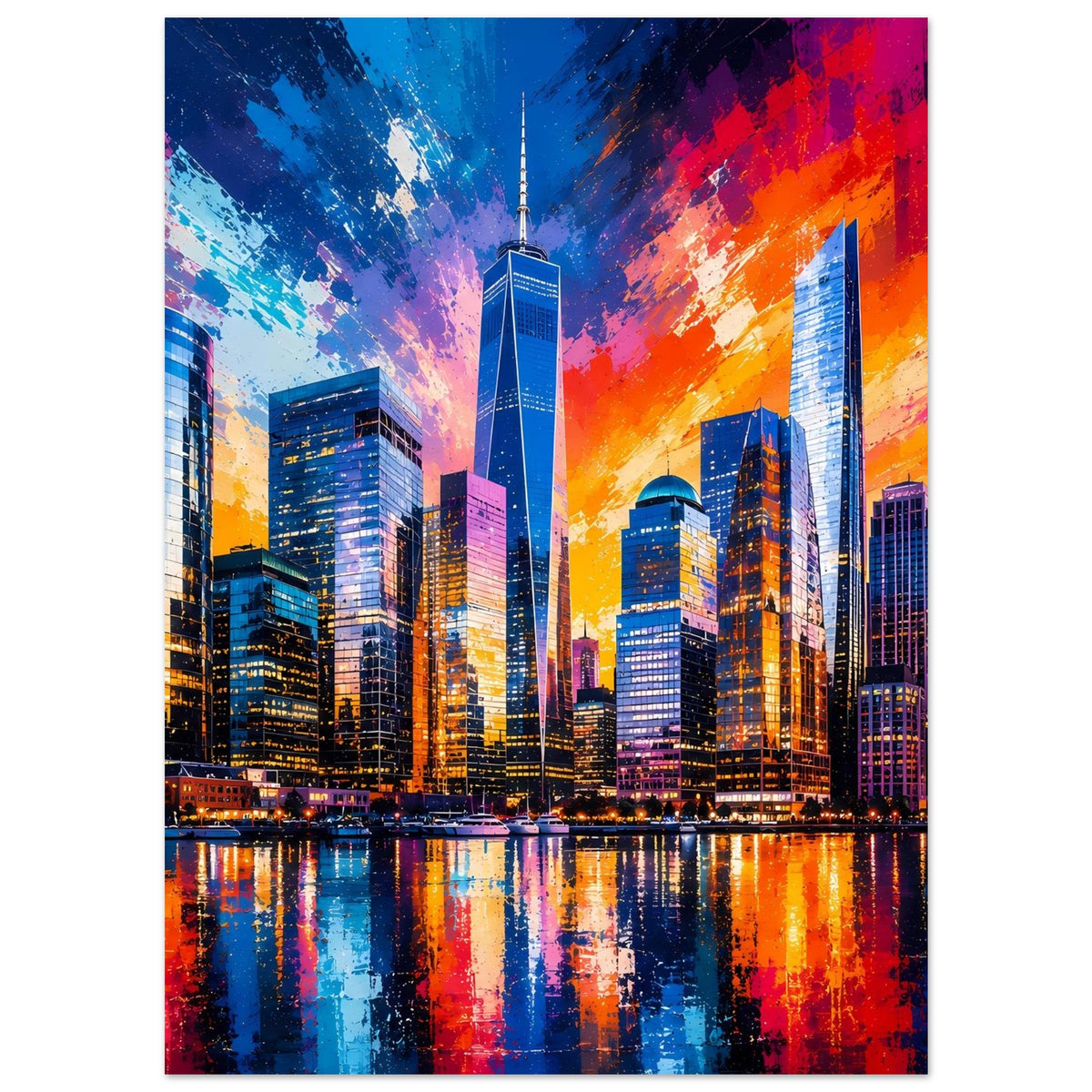 Stadtpanorama-Poster mit Hochhäusern und buntem Farbverlauf am Himmel, inkl. Wasserspiegelung