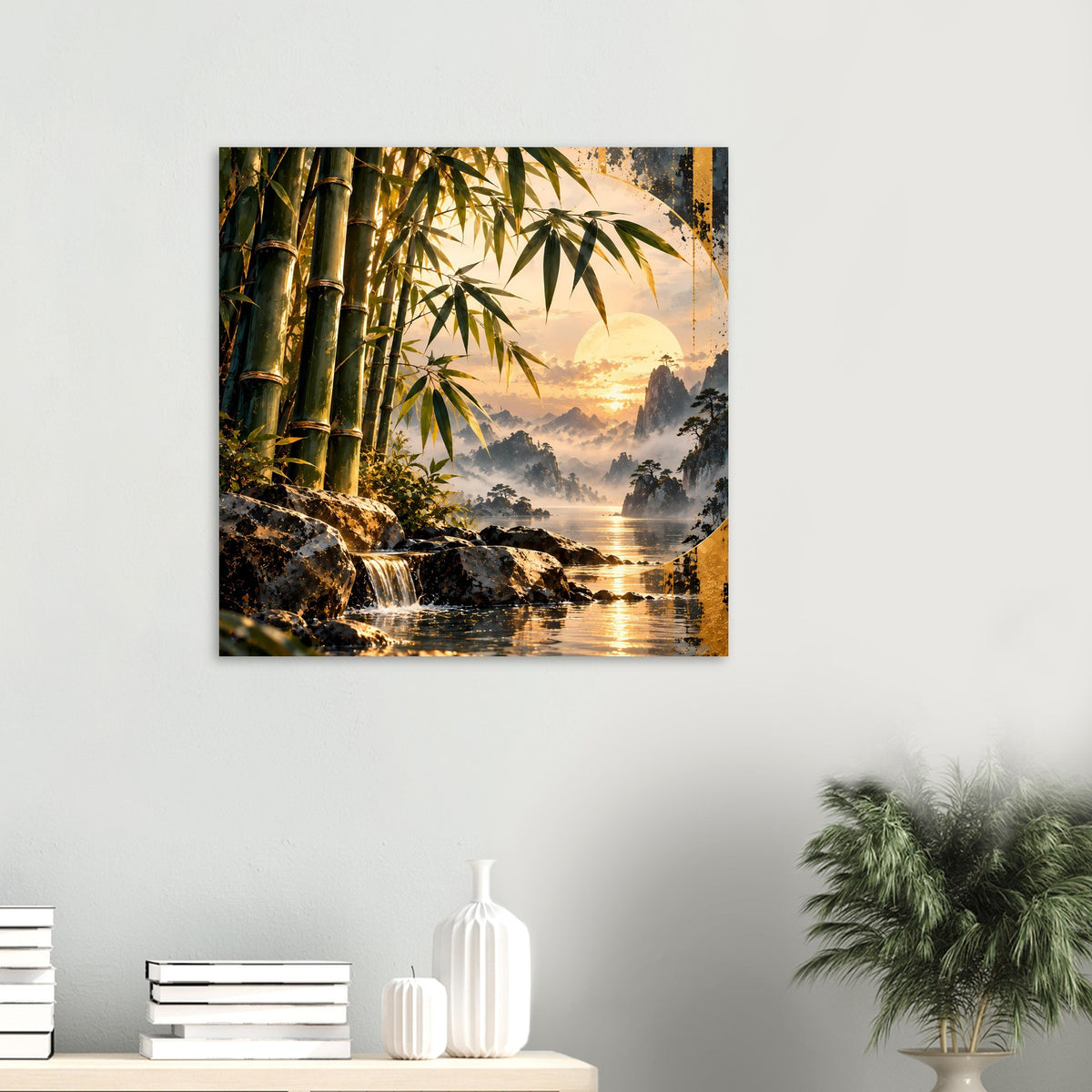 Kleines gerahmtes Poster mit Bambus, Wasserfall und Sonnenuntergangslandschaft