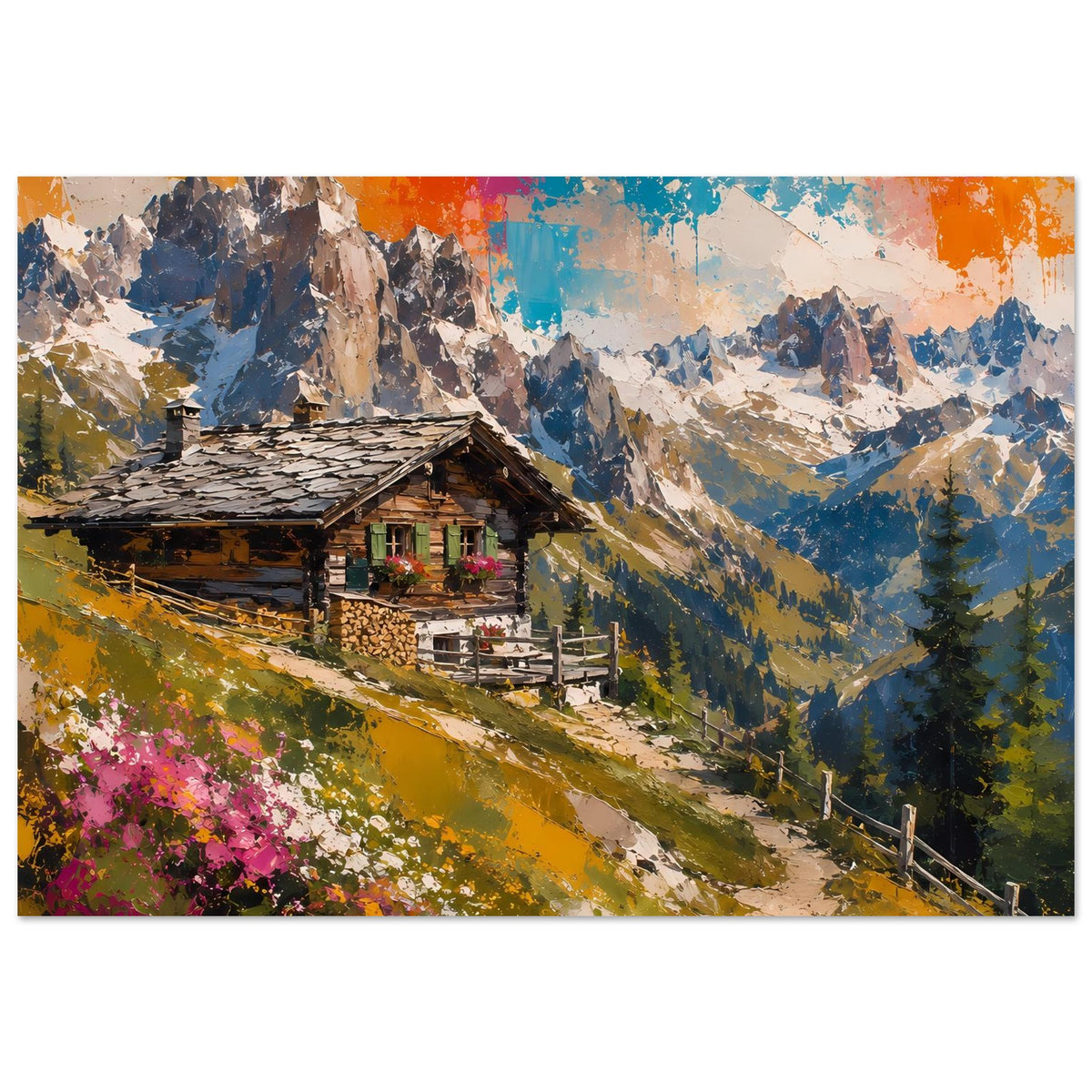 Wandposter: Hütte im Gebirge, kurviger Weg im Vordergrund, buntes Himmel-Abstract über Gipfeln