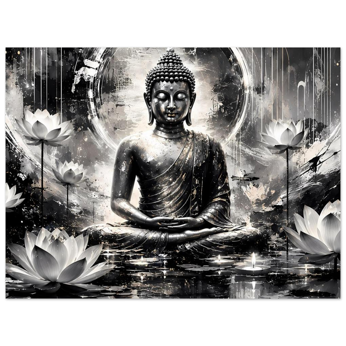 Kunstposter mit sitzendem Buddha im Kreis, Schwarz-Weiß, Lotusblüten und spiegelndem Boden