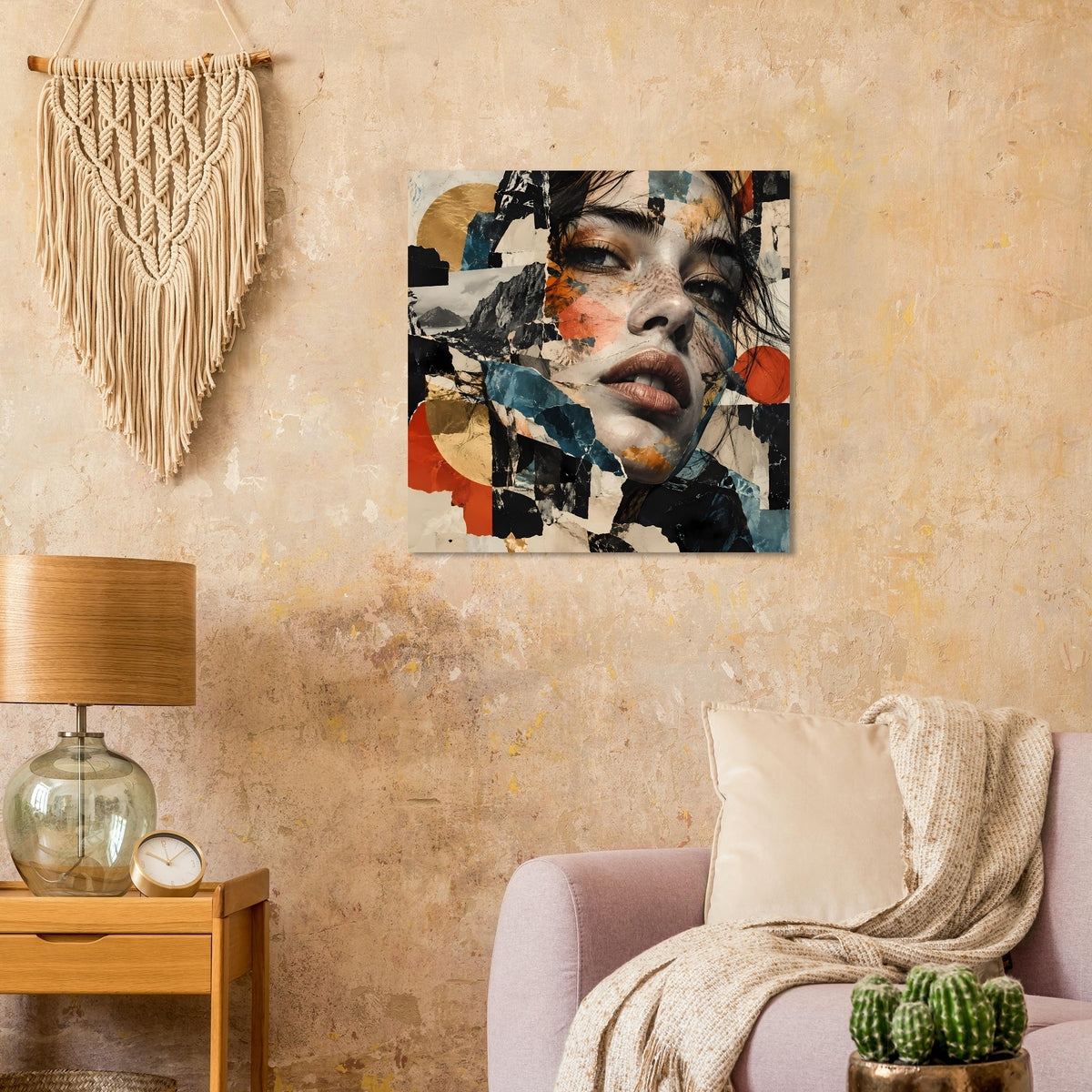 Gerahmtes Poster mit abstraktem Gesichtsmotiv und Collage-Elementen in Terrakotta und Blau