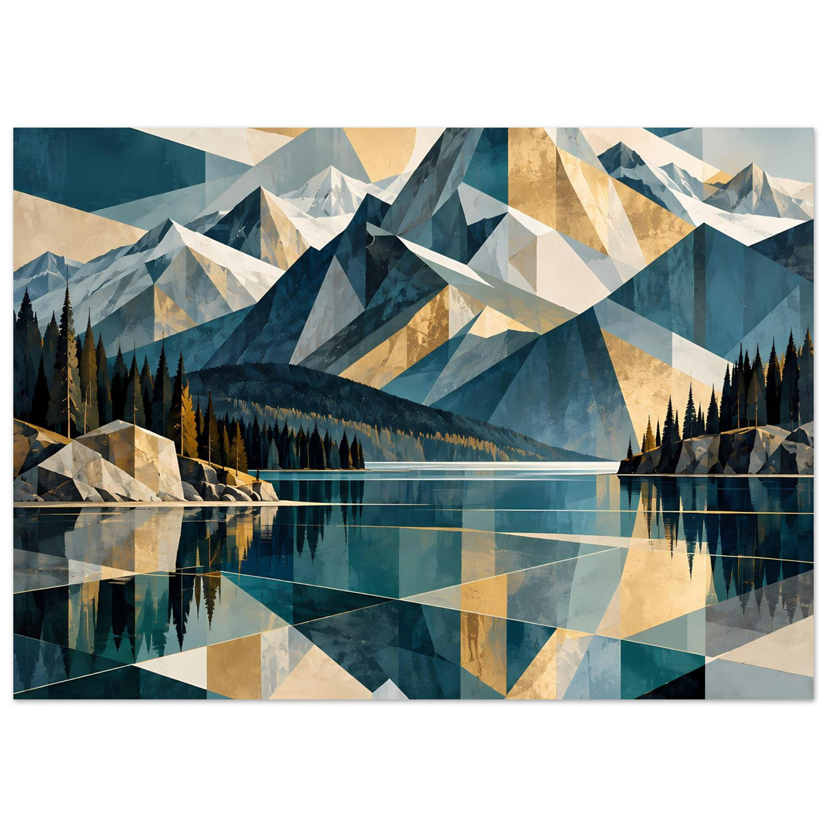 Horizontaler Wanddruck mit geometrischen Bergspitzen, Tannenwald, See und Reflexionen