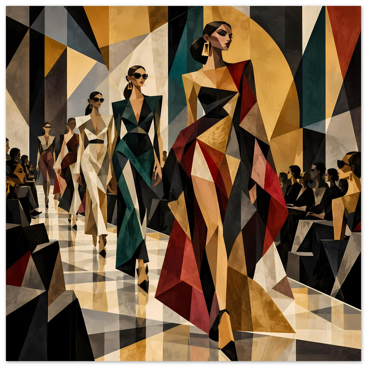 Fashion-Poster mit geometrischem Laufstegmotiv, Models in Juwelenfarben, voller Bildausschnitt
