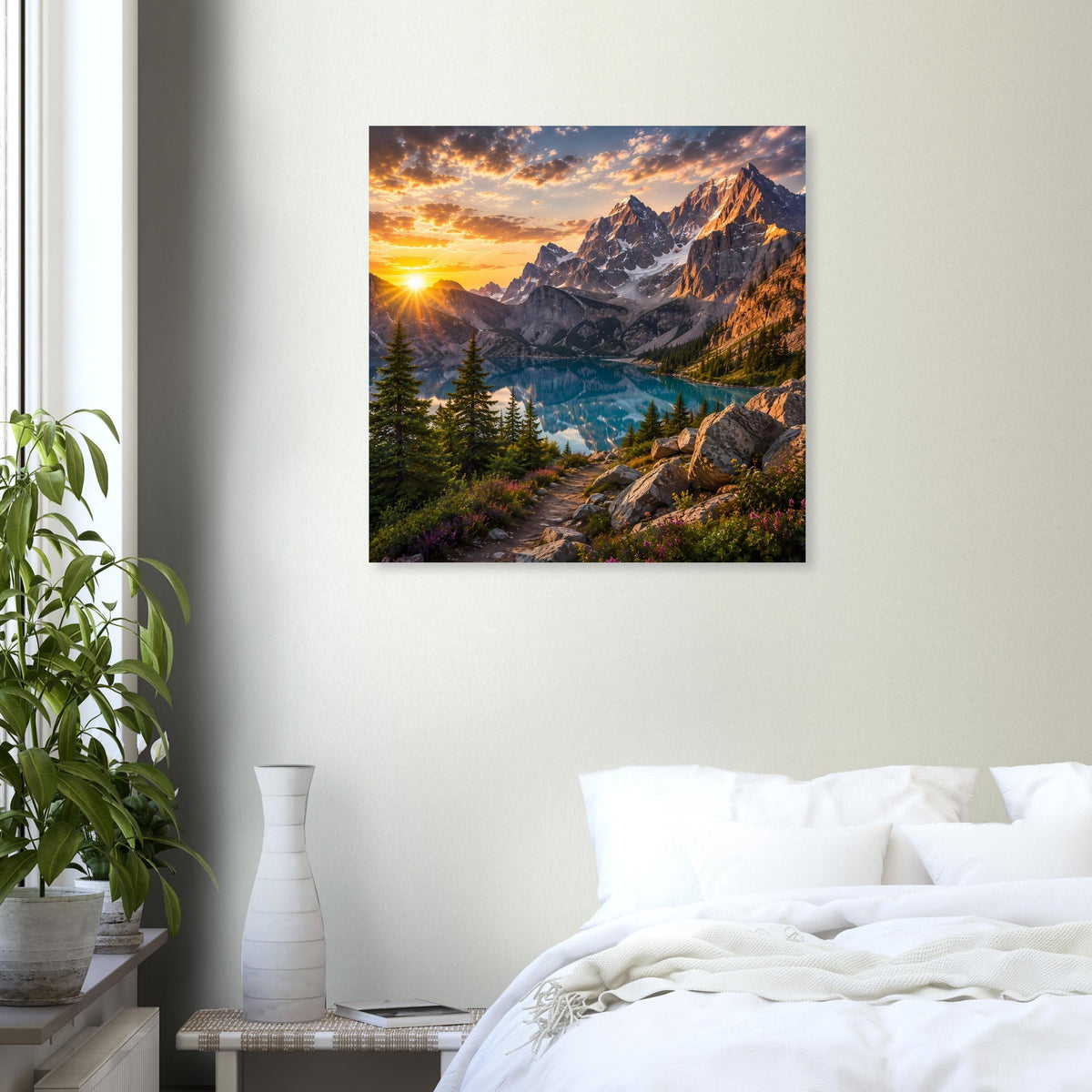 Quadratisches Poster mit Alpenpanorama, goldenem Sonnenaufgang, felsigen Bergen und See