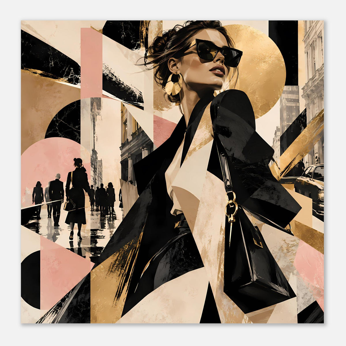 Mode-Poster mit Fashion-Figur, großflächige Kreise und Streifen, Schwarz-Gold und Pastell im Querformat