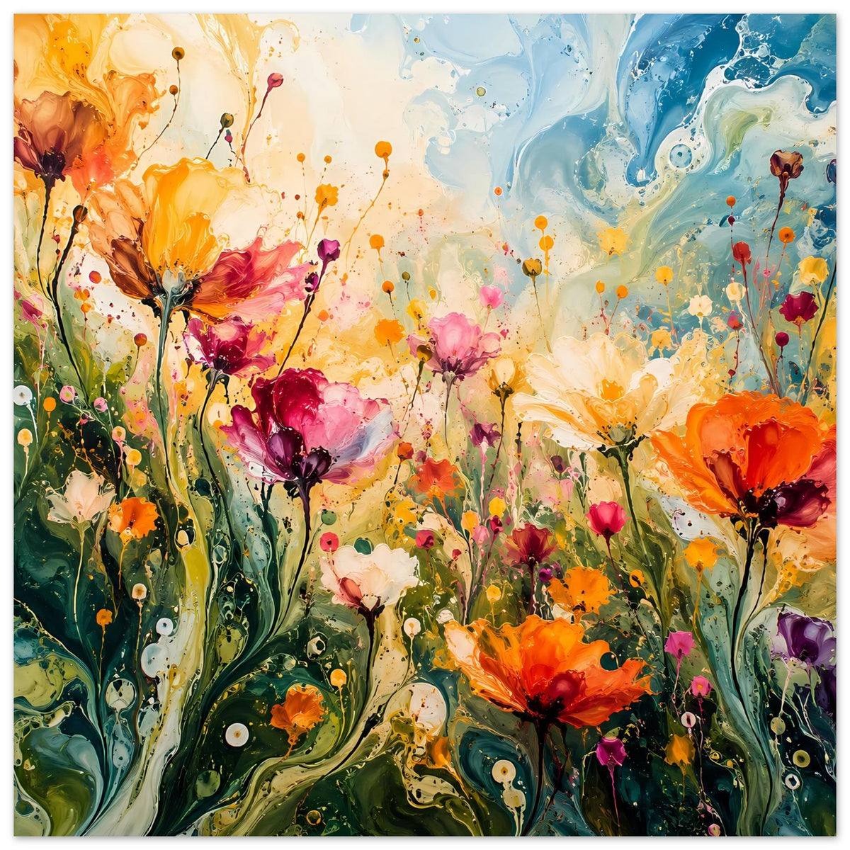 Quadratisches abstraktes Blumenposter mit orange-, pink- und blaufarbenen Blüten und Wasserwirbeloptik