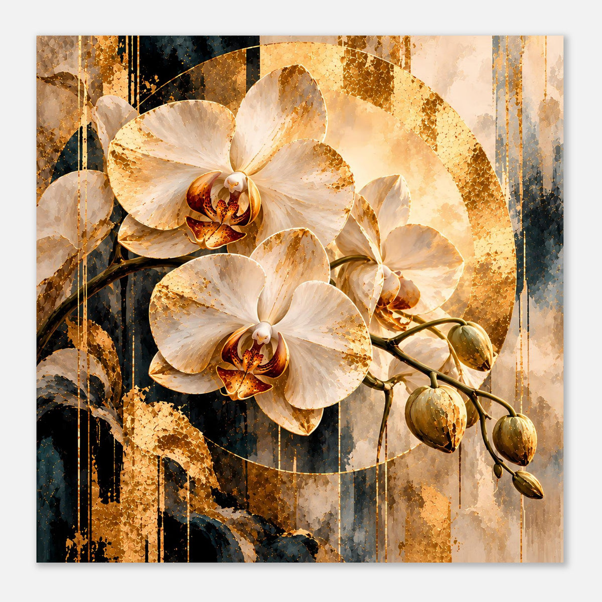 Wandposter im Querformat: weiße Orchideenblüten mit goldfarbenen Details
