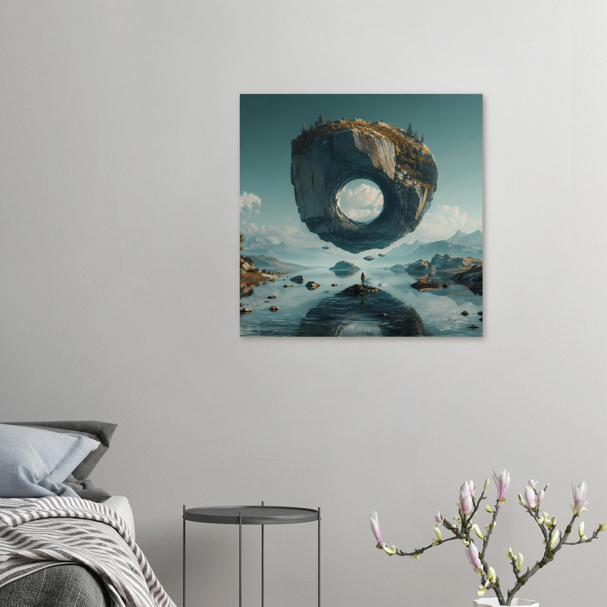 Kleines Surreales Poster an der Wand mit schwebendem Felsring über See
