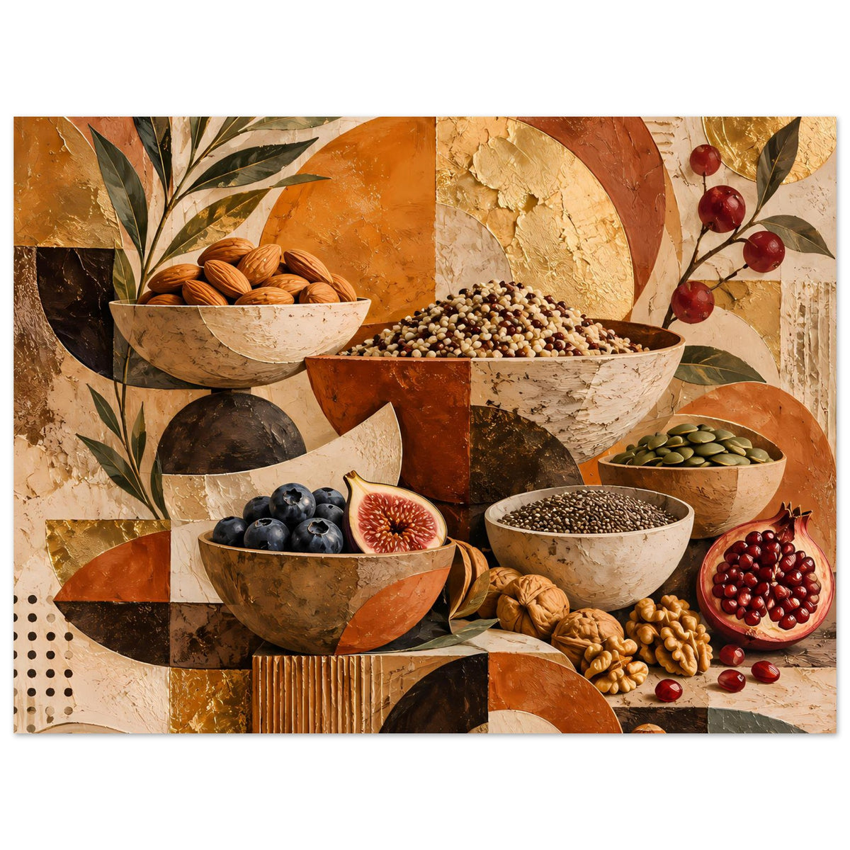 Kunstposter Stillleben: Schalen, Nüsse und Beeren mit rustikalem Kreis-Design