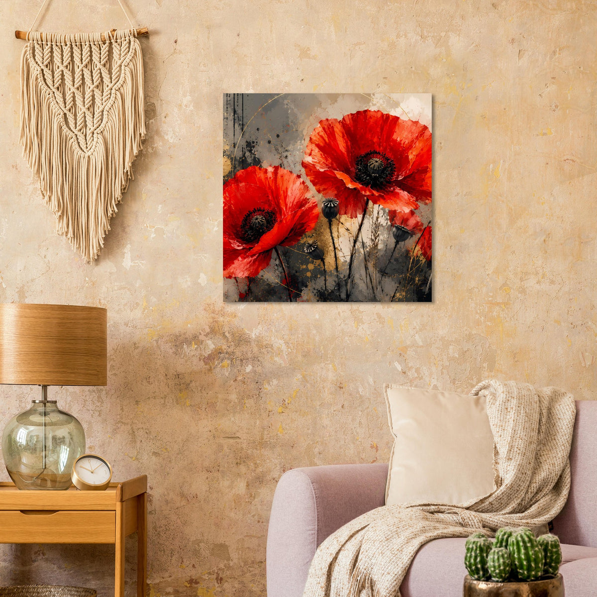 Wandposter mit roten Mohnblumen, dunklen Kernen und beiger Struktur.