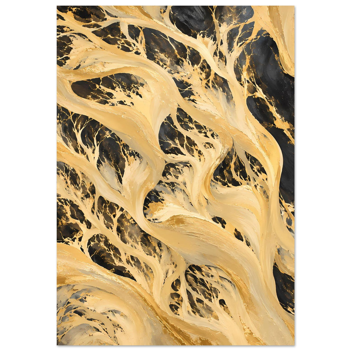 Abstraktes Kunstposter (vertikal) mit gold-schwarzem Marmor, geprägt von S-förmigen Linien
