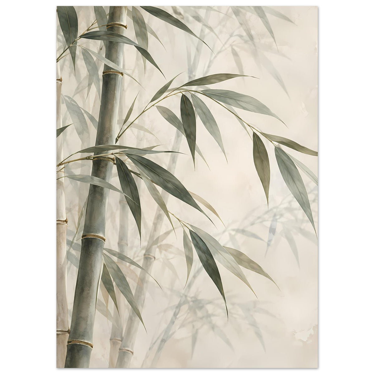 Poster mit Bambusstamm und großen grünen Blättern, helles Naturmotiv