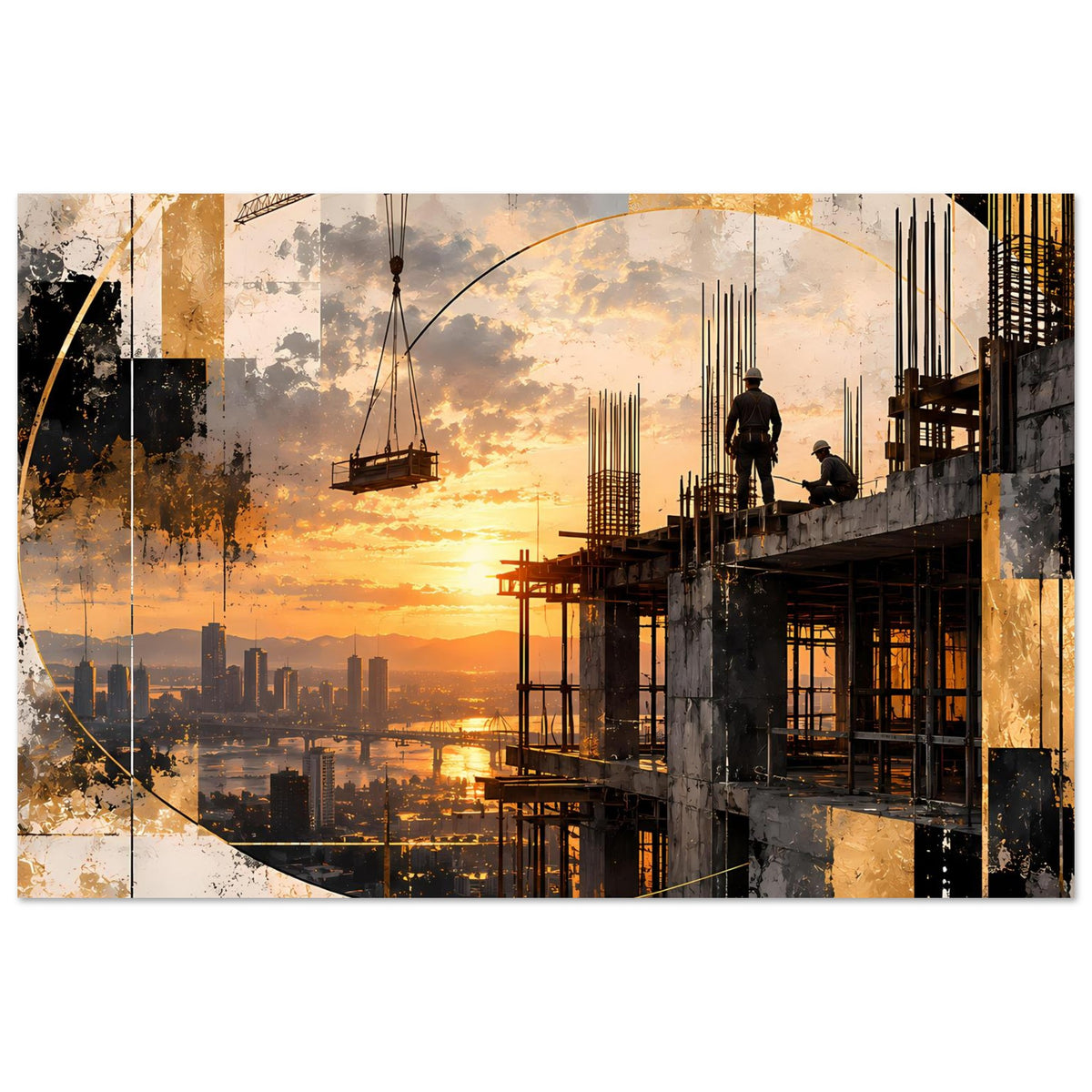 Horizontales Abstraktes Konstruktionsposter mit Sonnenuntergang, Baustelle und Arbeiter im Fokus