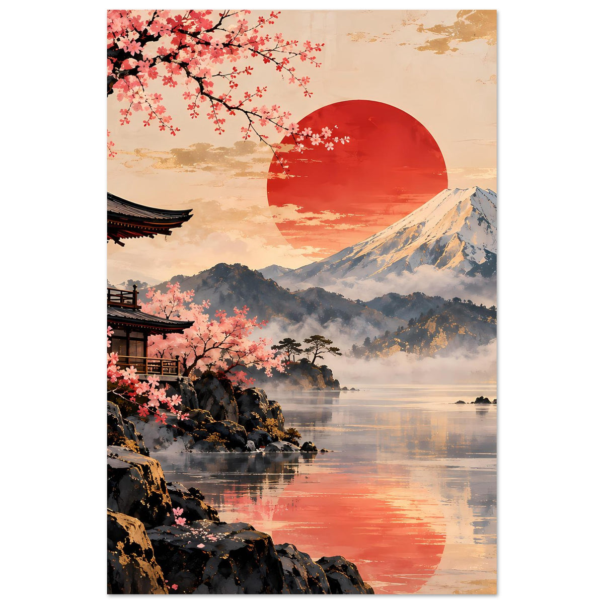 Zen-Serenity-Poster, Hochformat: Kirschblüten, Pagode, Berg Fuji und See-Reflexion