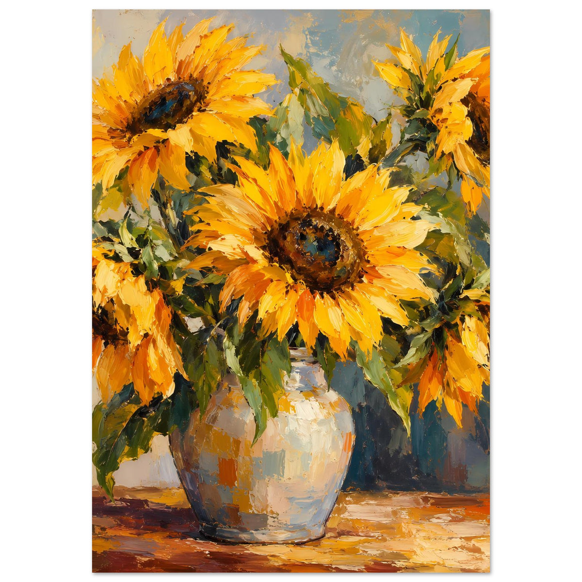 Sonnenblumen-Still-Life Poster mit gelben Blüten in Vase, kontrastreiche Pinselstruktur