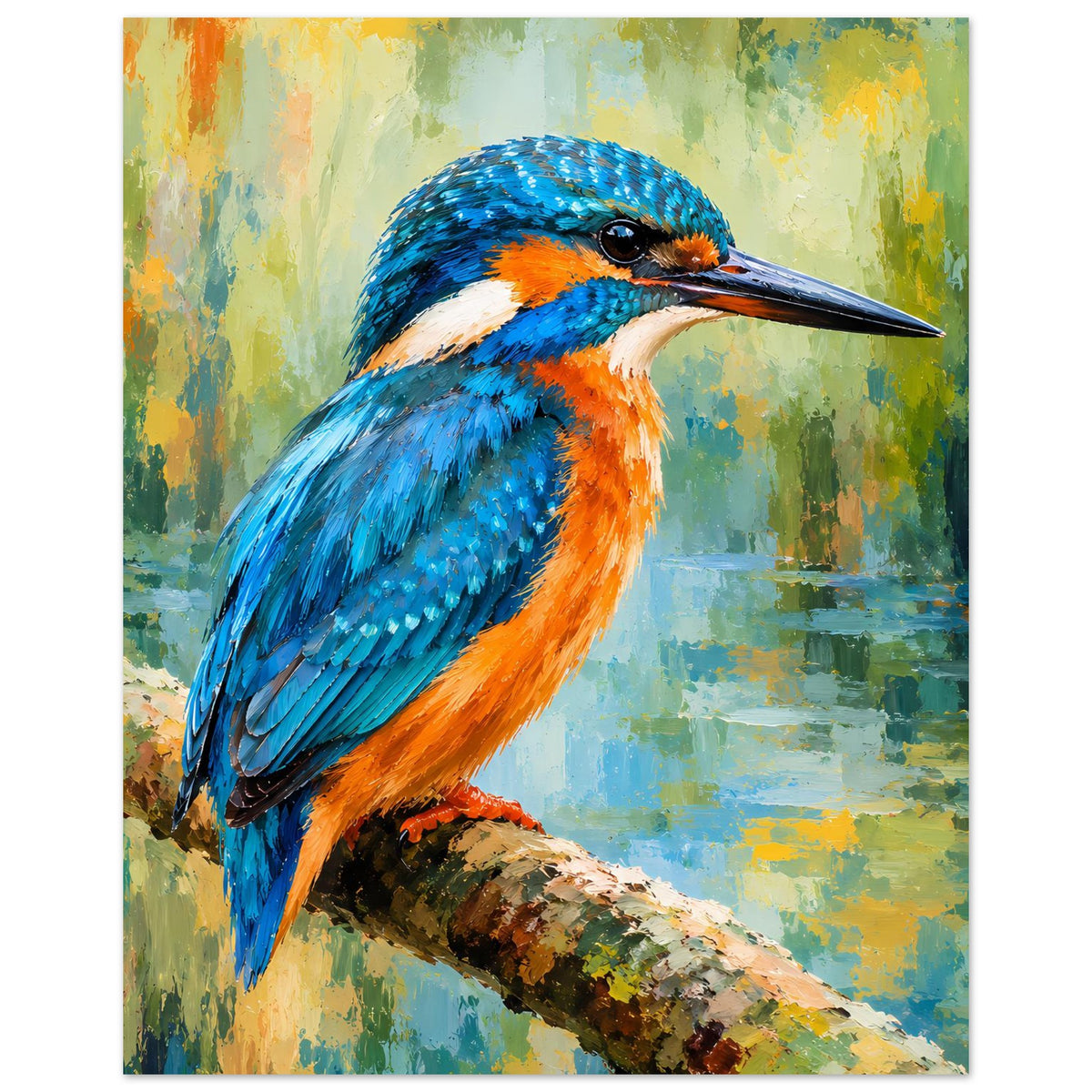 Poster mit Eisvogel im Querformat, blau-orangene Gefiederdetails und Schnabel im Fokus