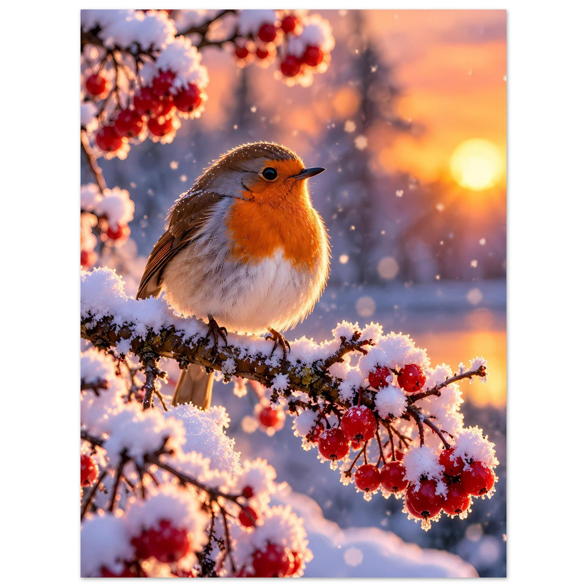 Hochformat-Poster: Rotkehlchen auf schneebedecktem Zweig, rote Beeren am Astende.