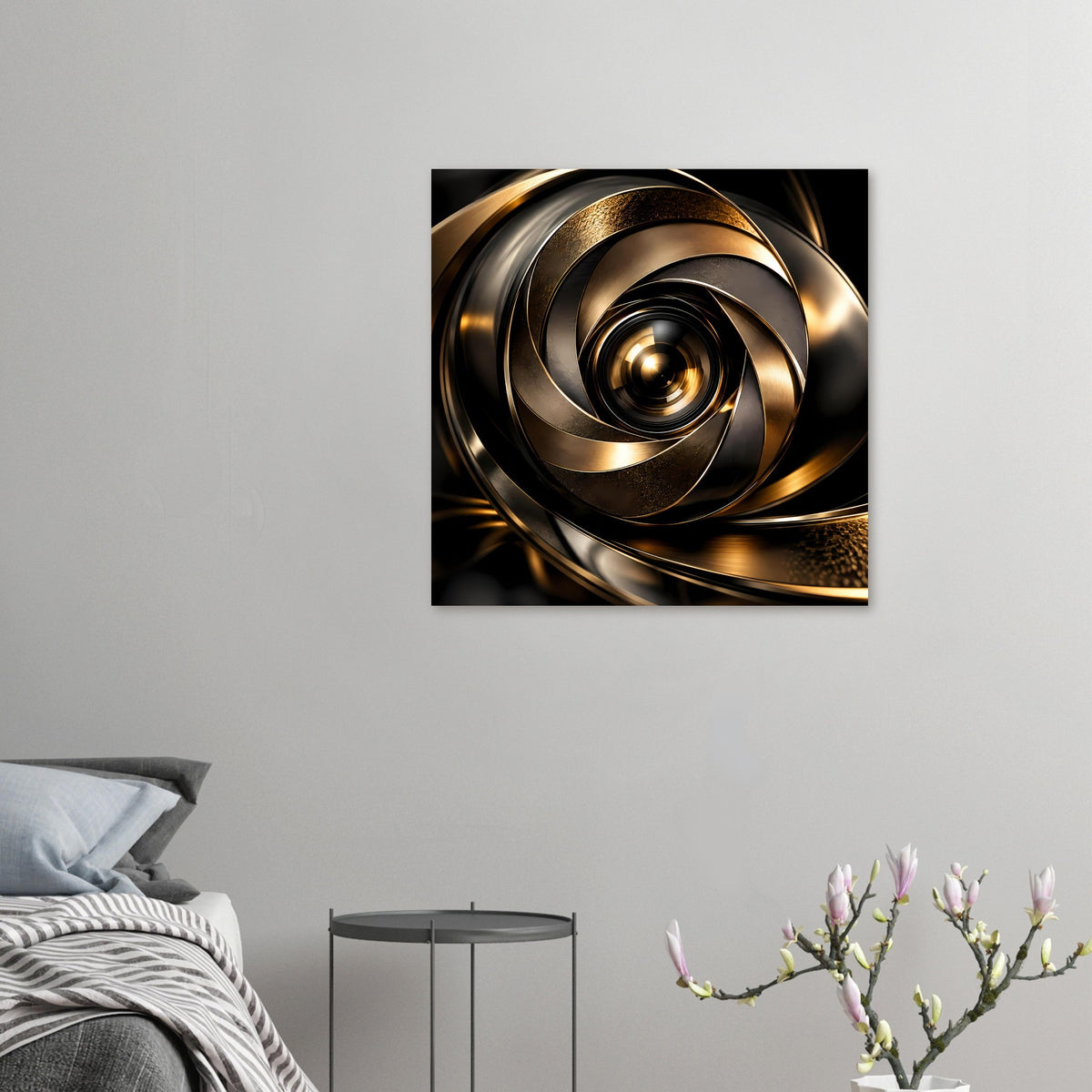 Quadratisches abstraktes Poster mit gold-schwarzer Spirale aus Metallringen
